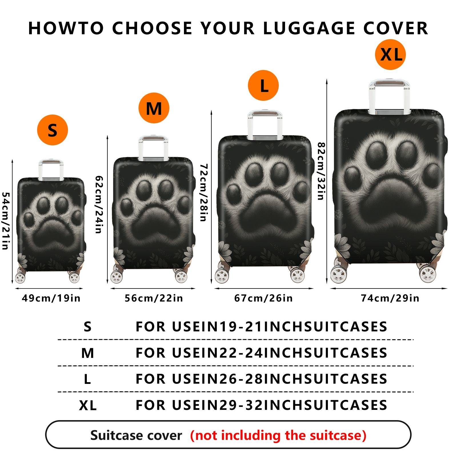 1-Piece Animal Paw Print Floral Black White  Suitcase Luggage Cover, Stretch Protective Sleeve