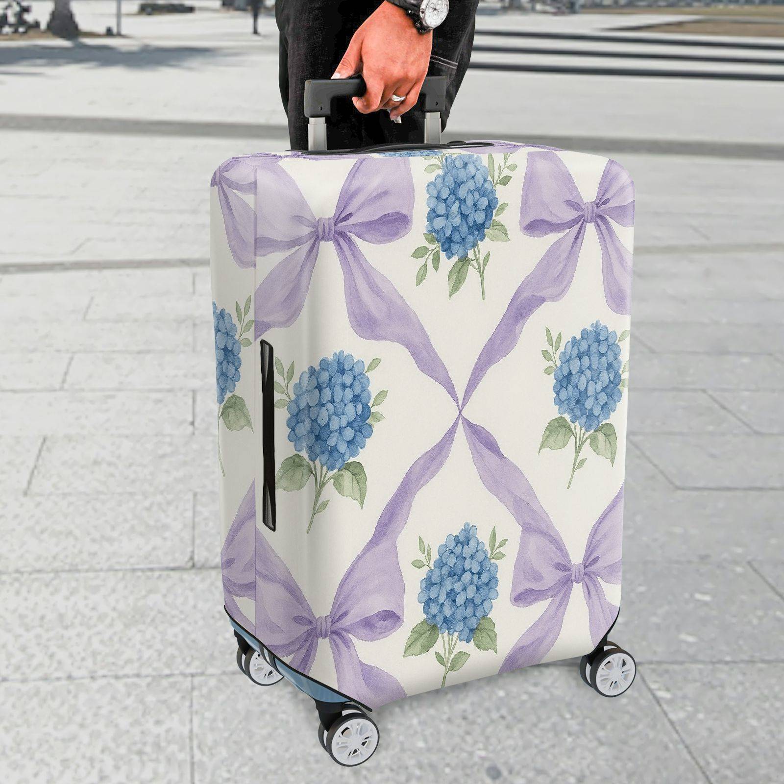 1-Piece Hydrangea Pattern Purple Ribbon Floral Artistic  Suitcase Luggage Cover, Stretch Protective Sleeve