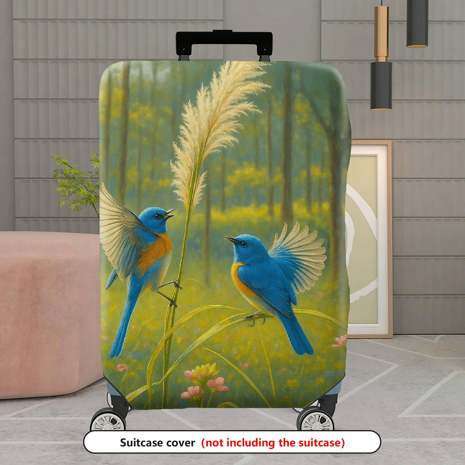 1-Piece Blue Bird Nature Forest Artistic Floral Scenic  Suitcase Luggage Cover, Stretch Protective Sleeve