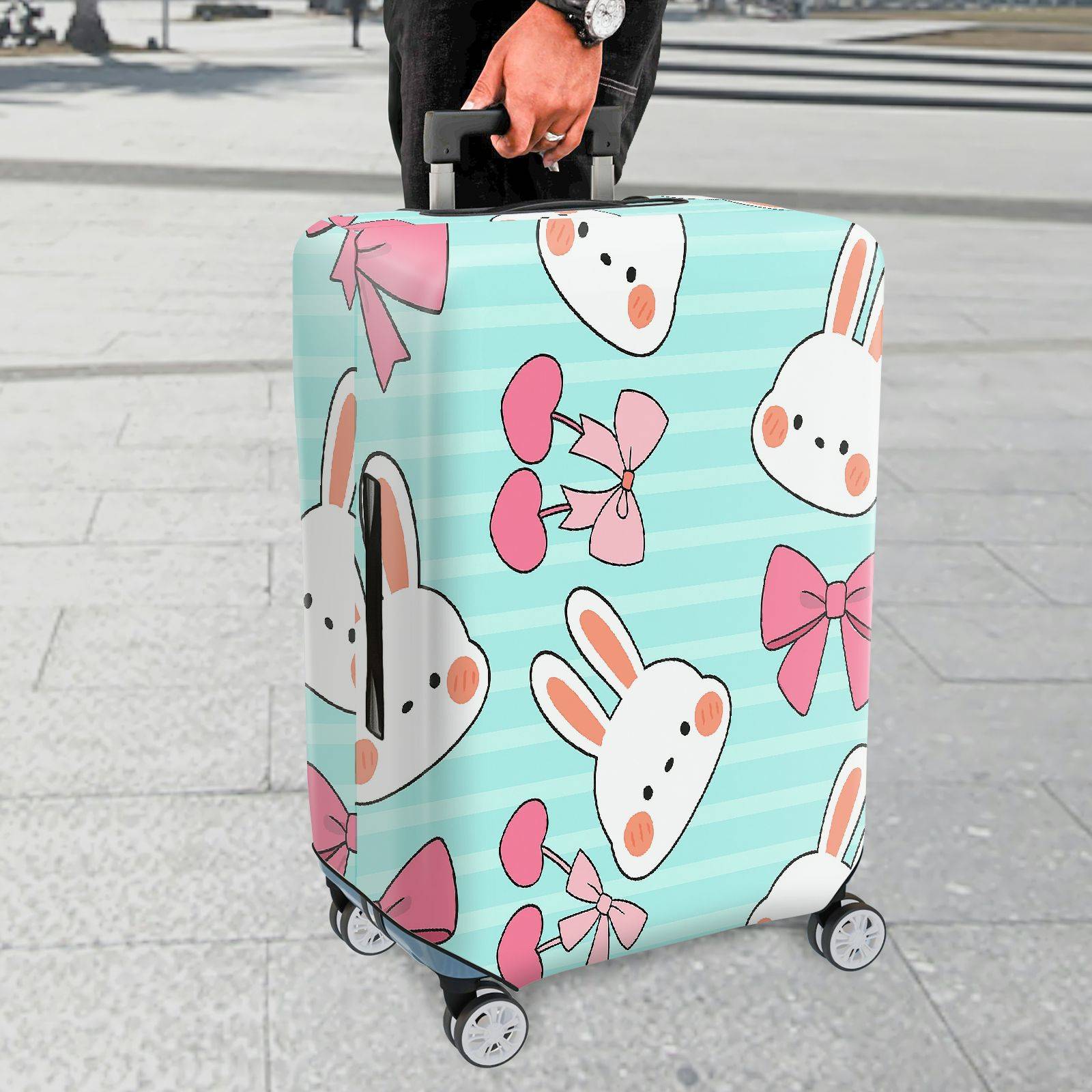 1-Piece Cute Bunny Pink Bow Love Stripes  Suitcase Luggage Cover, Stretch Protective Sleeve