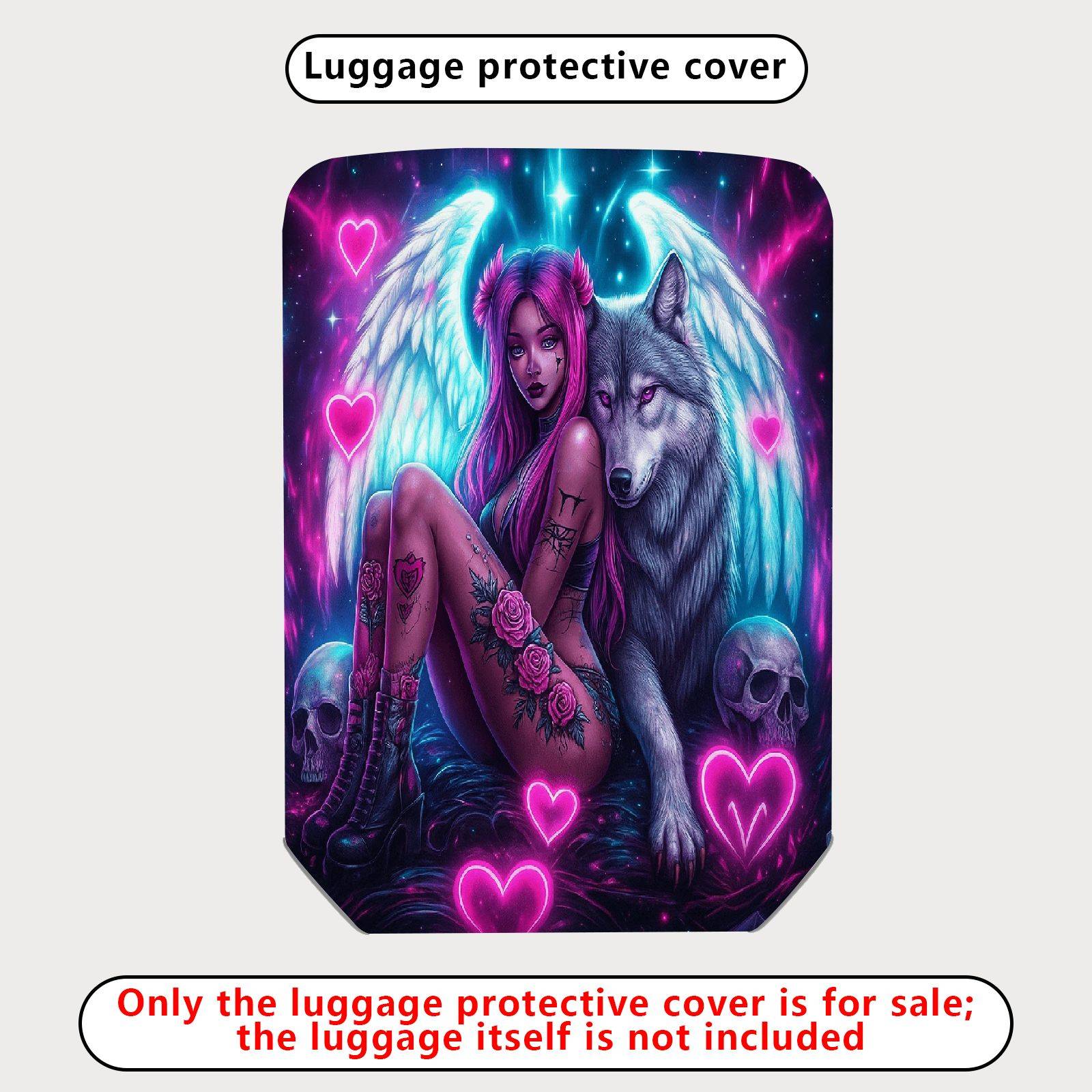 1-Piece Angel Fantasy Wolf Skull Rose Heart  Suitcase Luggage Cover, Stretch Protective Sleeve