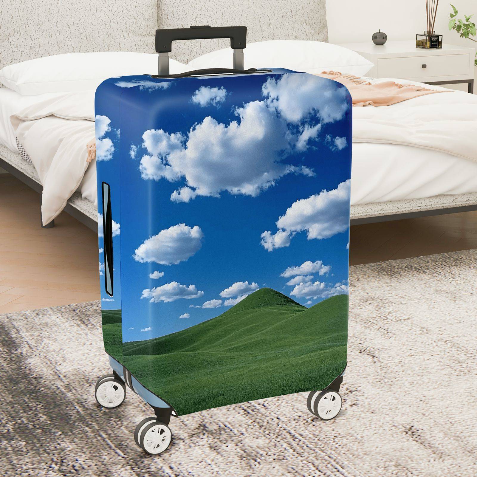 1-Piece Sky Blue Green Landscape Clouds Nature Hills  Suitcase Luggage Cover, Stretch Protective Sleeve