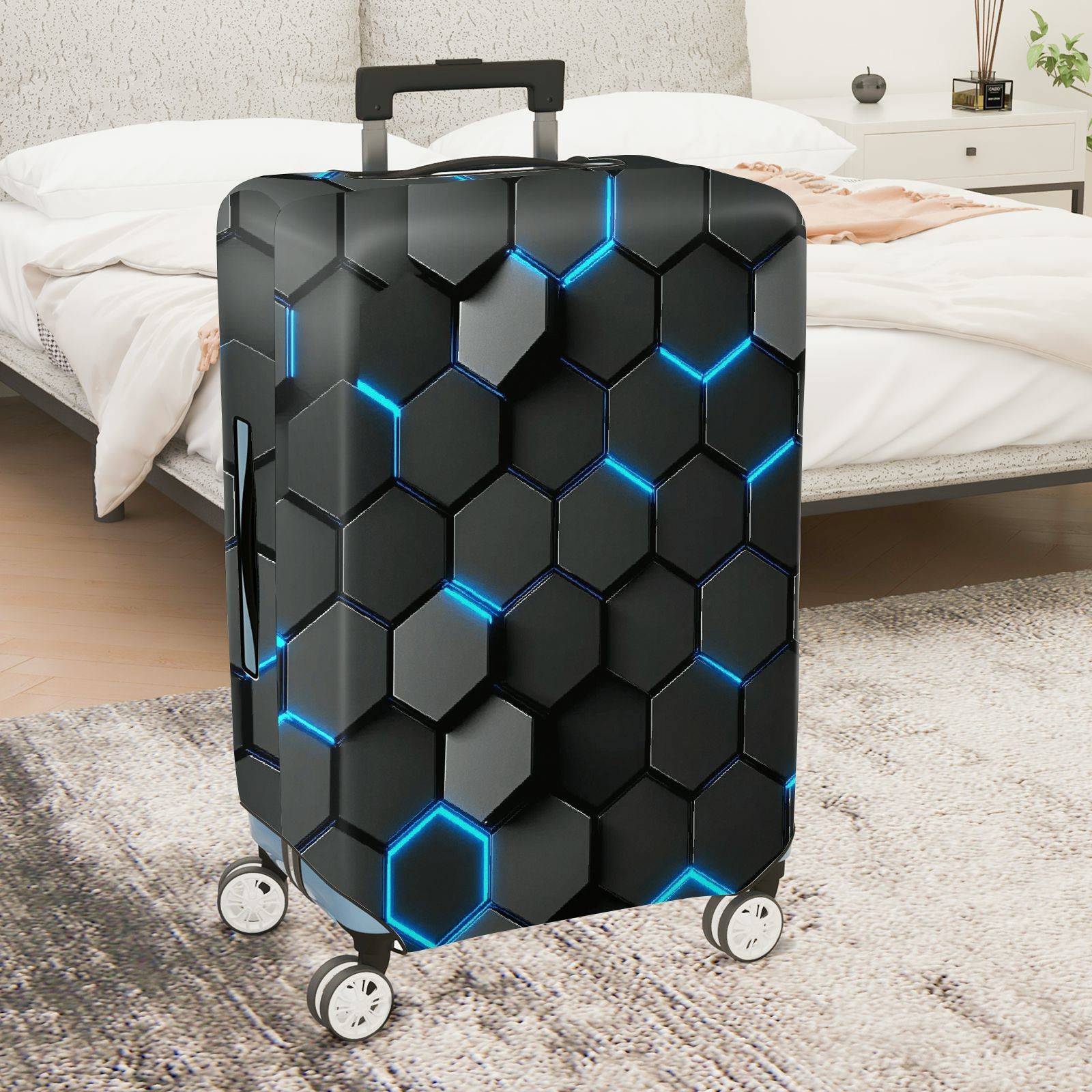 1-Piece Hexagon Blue  Geometric Futuristic Tech  Suitcase Luggage Cover, Stretch Protective Sleeve