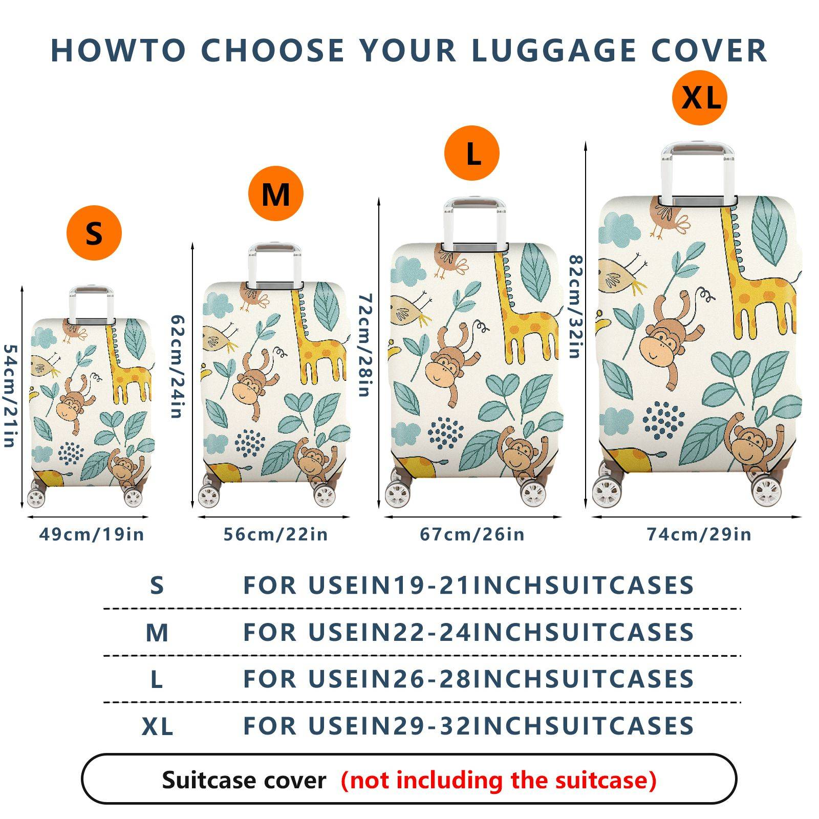 1-Piece Cute  Animal Leaf Giraffe Monkey Bird  Suitcase Luggage Cover, Stretch Protective Sleeve