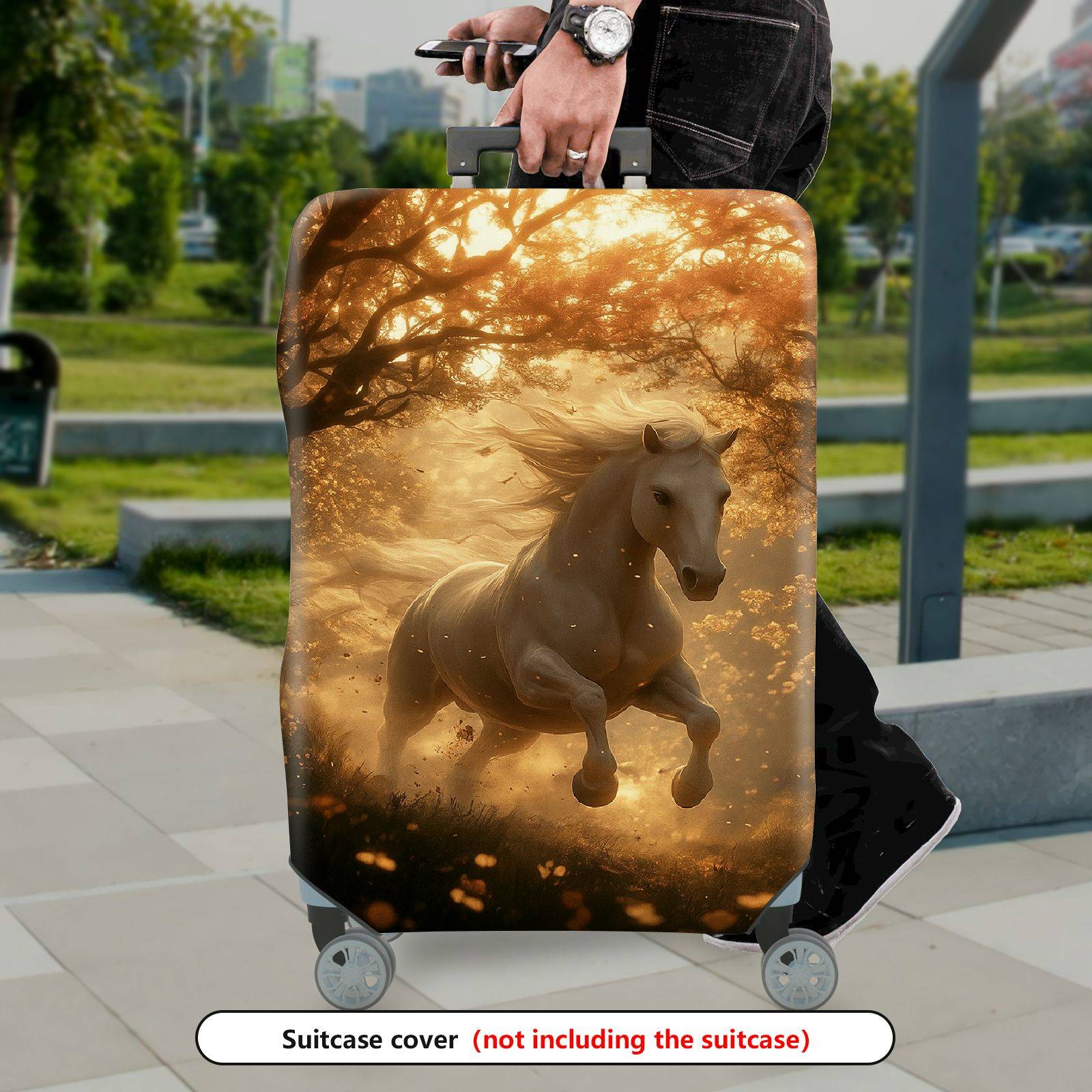 1-Piece Golden Forest Horse Fantasy Running Wildlife Artistic  Suitcase Luggage Cover, Stretch Protective Sleeve