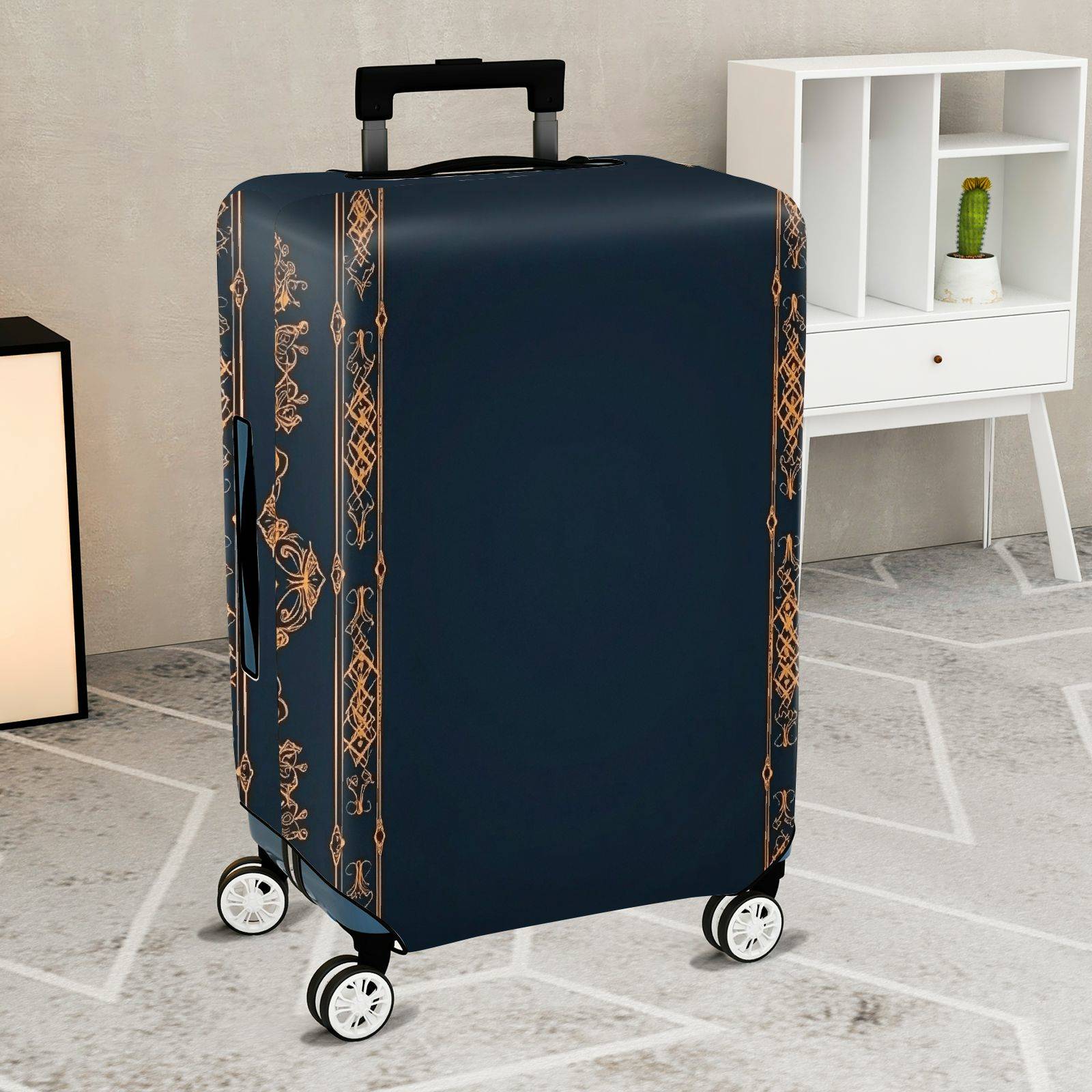 1-Piece Vintage Geometric Ornate Elegant Navy  Suitcase Luggage Cover, Stretch Protective Sleeve
