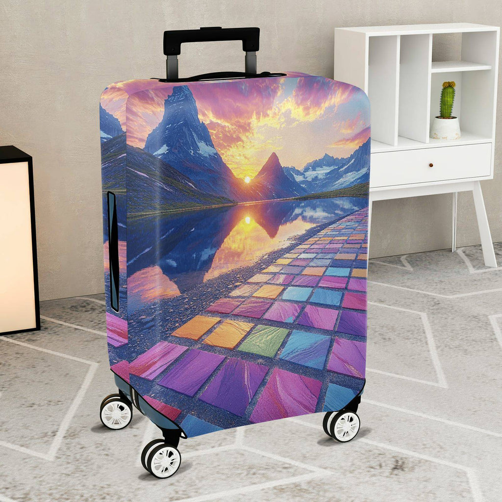 1-Piece Sunset Mountain Reflection Colorful Geometric Scenic  Suitcase Luggage Cover, Stretch Protective Sleeve