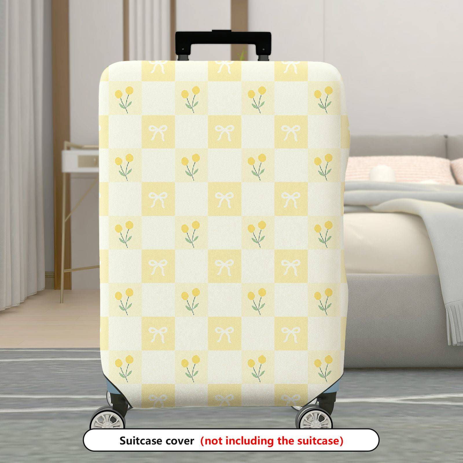 1-Piece Yellow Floral Checkered Bow Spring Pattern  Suitcase Luggage Cover, Stretch Protective Sleeve