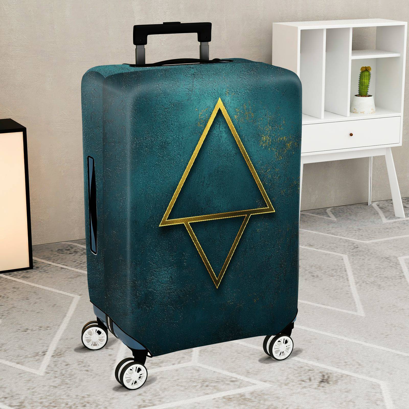 1-Piece Geometric Artistic Teal Gold Triangle  Suitcase Luggage Cover, Stretch Protective Sleeve