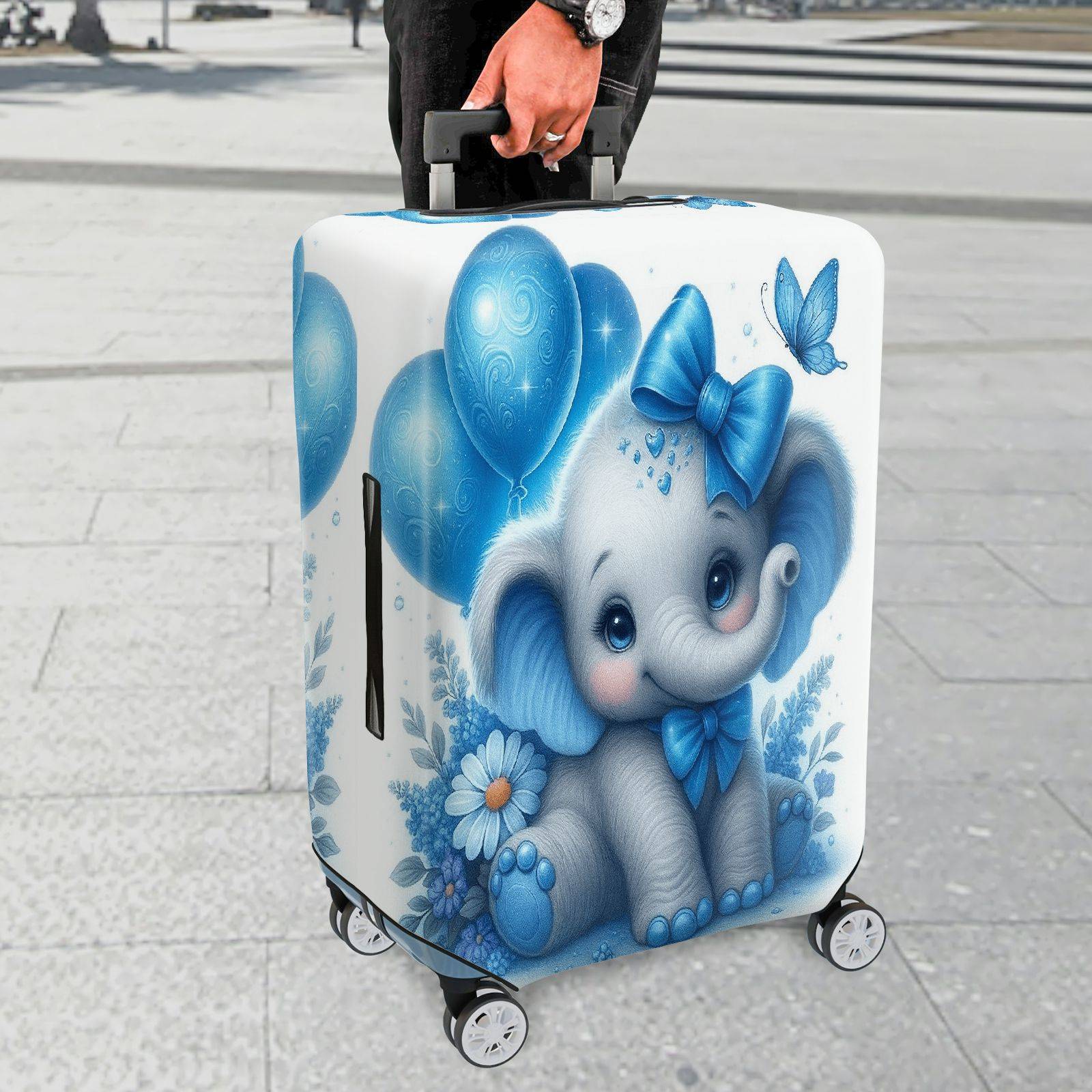 1-Piece Cute Blue Elephant Balloon Floral Bow Butterfly  Suitcase Luggage Cover, Stretch Protective Sleeve