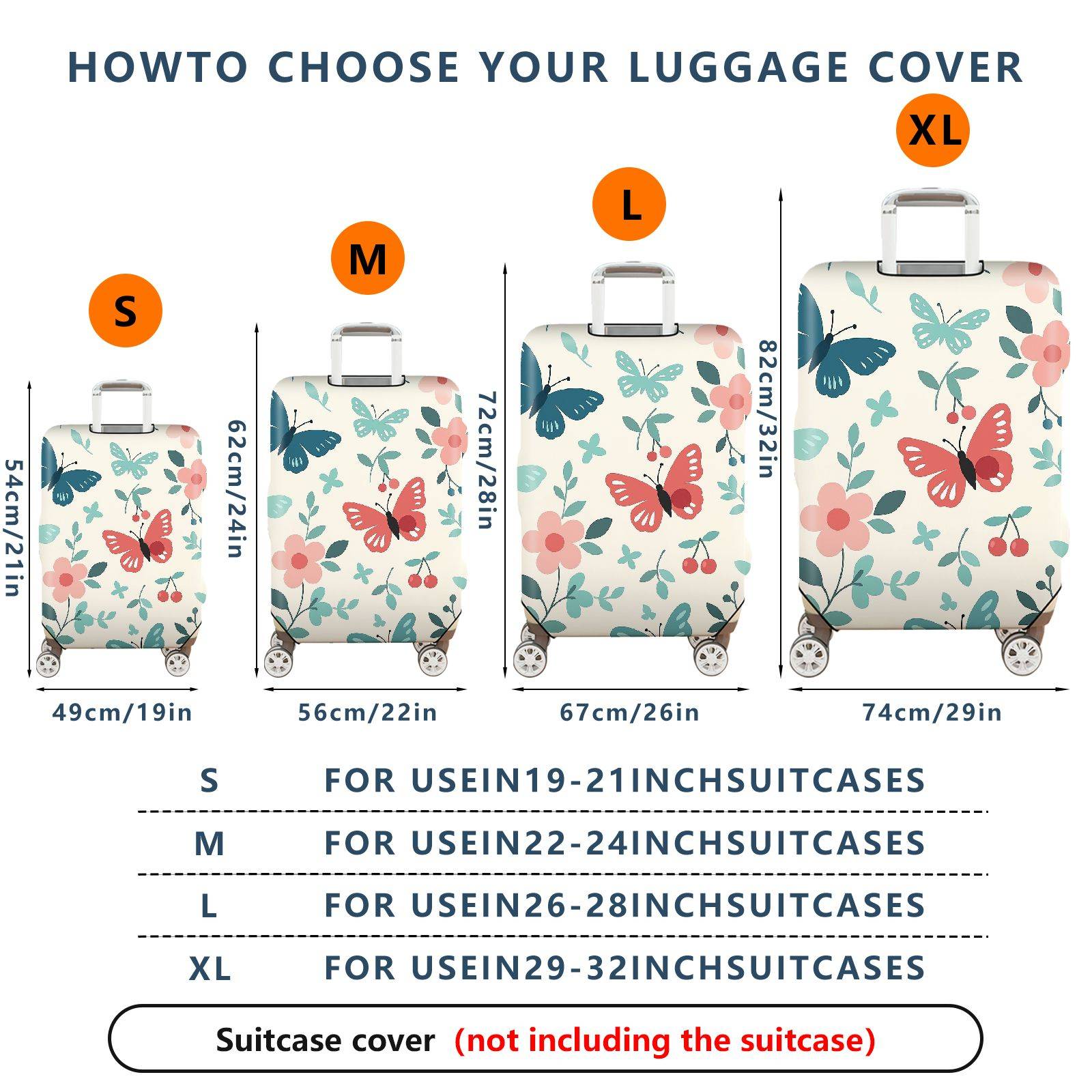 1-Piece Butterfly Floral Cherry Blossom Nature Aesthetic  Suitcase Luggage Cover, Stretch Protective Sleeve