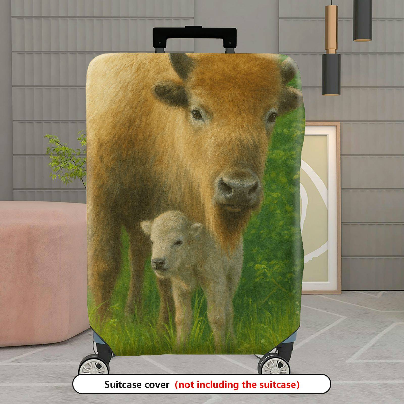 1-Piece Animal Nature Pastoral Green Buffalo Calf  Suitcase Luggage Cover, Stretch Protective Sleeve