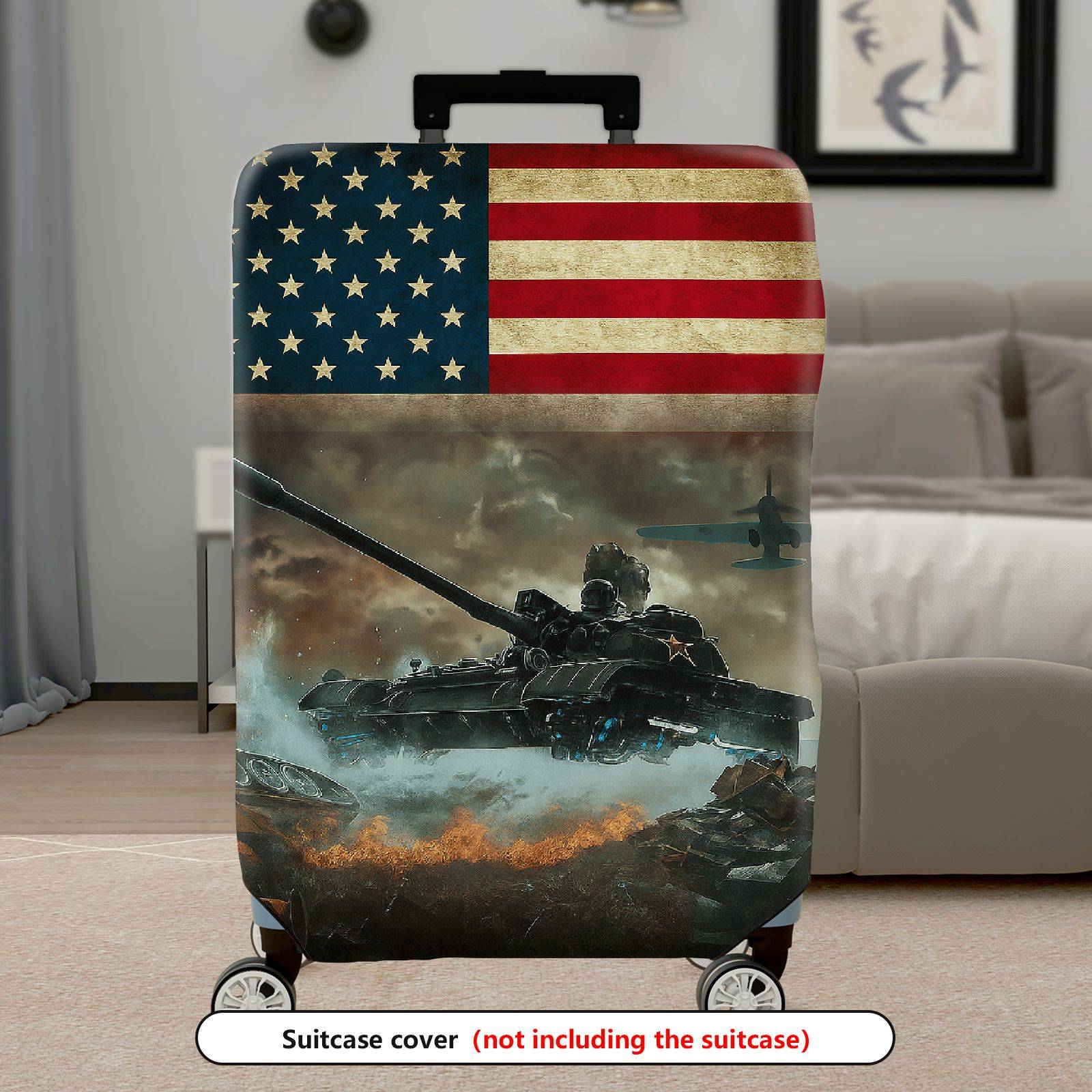1-Piece American Flag Tank War Airplane Battlefield Fire  Suitcase Luggage Cover, Stretch Protective Sleeve