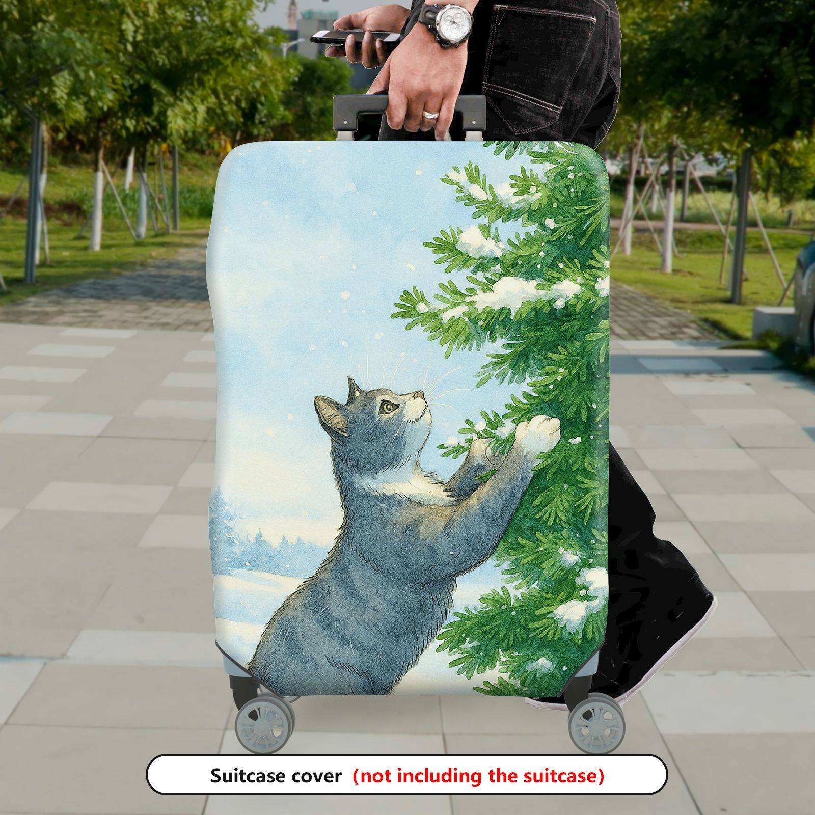 1-Piece Cat Winter Snow Christmas Tree Holiday  Suitcase Luggage Cover, Stretch Protective Sleeve