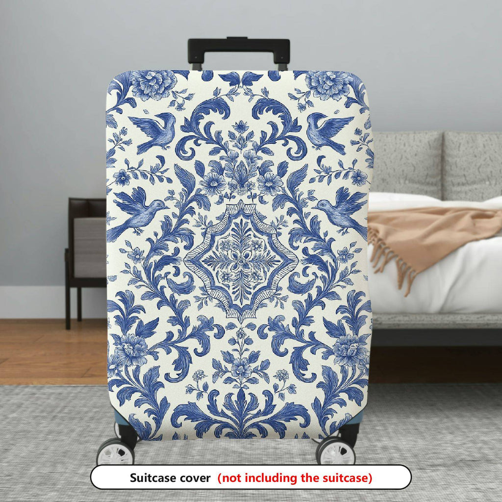 1-Piece Blue Vintage Floral Bird Pattern Damask  Suitcase Luggage Cover, Stretch Protective Sleeve