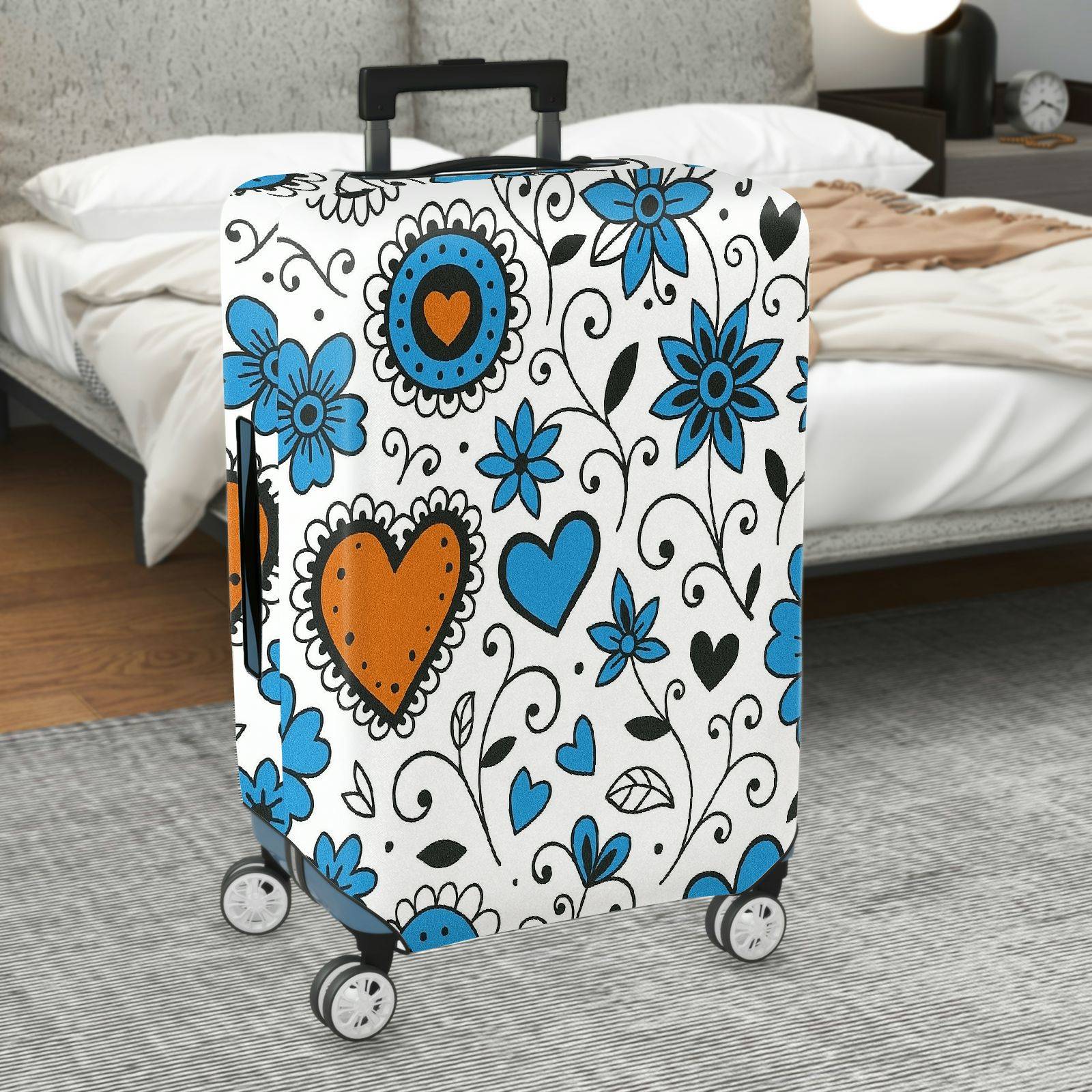 1-Piece Floral Heart Blue White Black Orange  Suitcase Luggage Cover, Stretch Protective Sleeve
