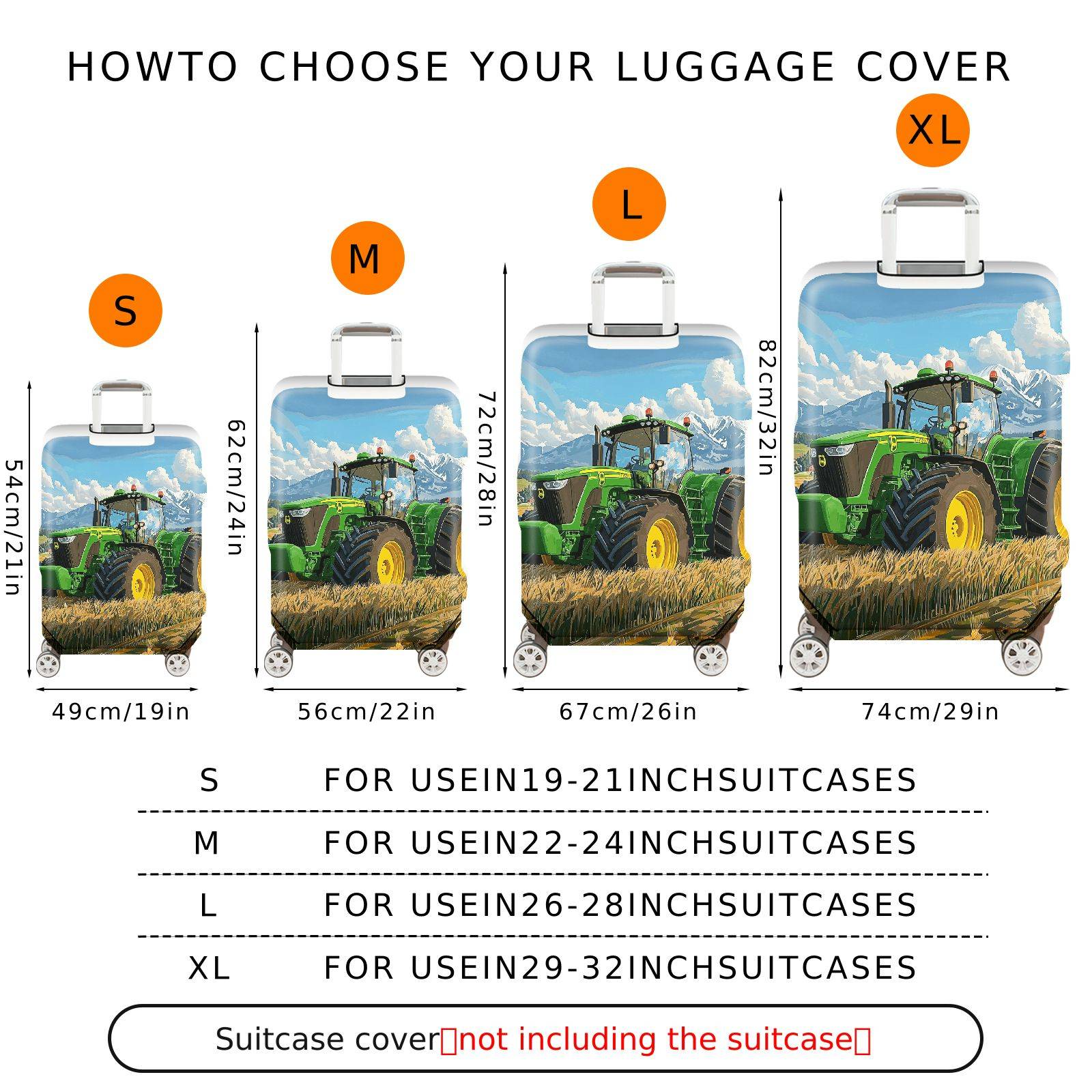 1-Piece Green Tractor Field Mountain Rural Landscape  Suitcase Luggage Cover, Stretch Protective Sleeve