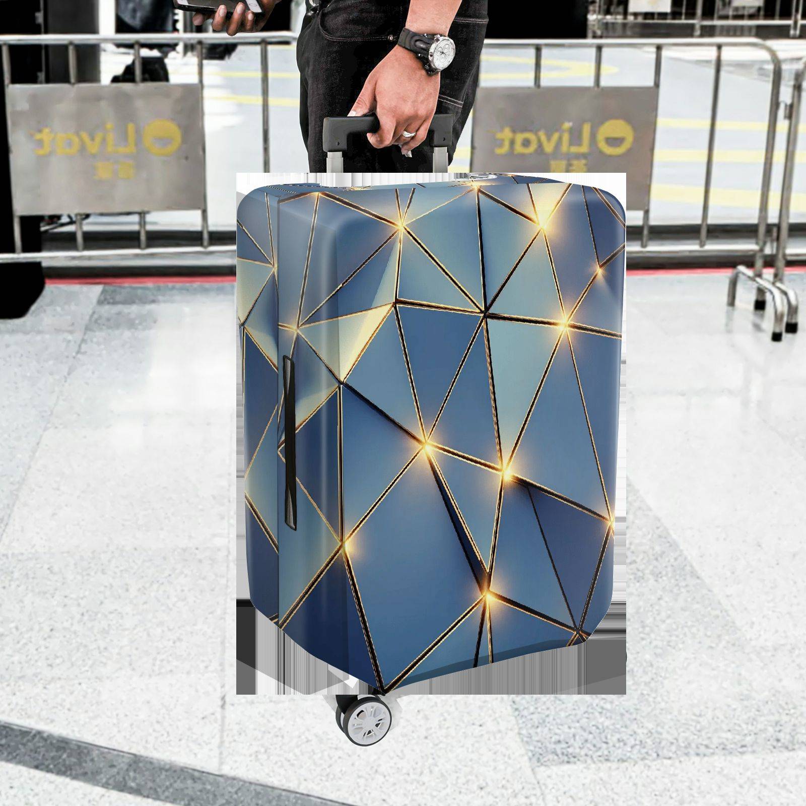 1-Piece Geometric Blue Gold Abstract Modern Stylish Artistic  Suitcase Luggage Cover, Stretch Protective Sleeve