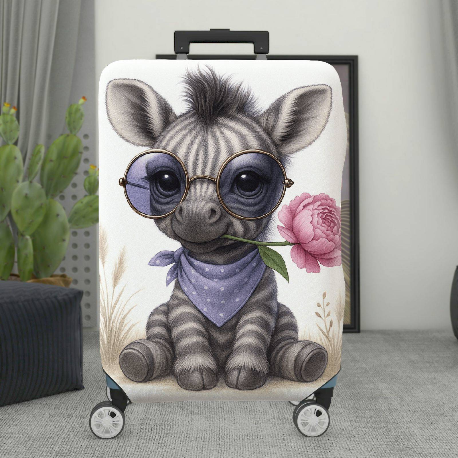 1-Piece Cute Animal Retro Glasses Flower Scarf Design Zebra  Suitcase Luggage Cover, Stretch Protective Sleeve