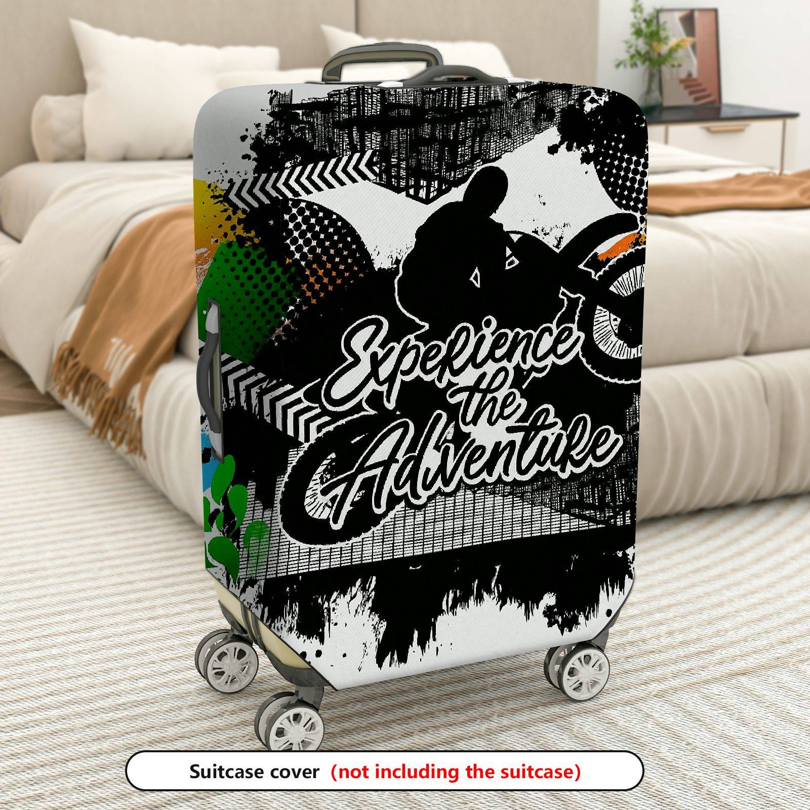 1-Piece Adventure Motorcycle Silhouette Artistic Expression Graffiti Text  Suitcase Luggage Cover, Stretch Protective Sleeve