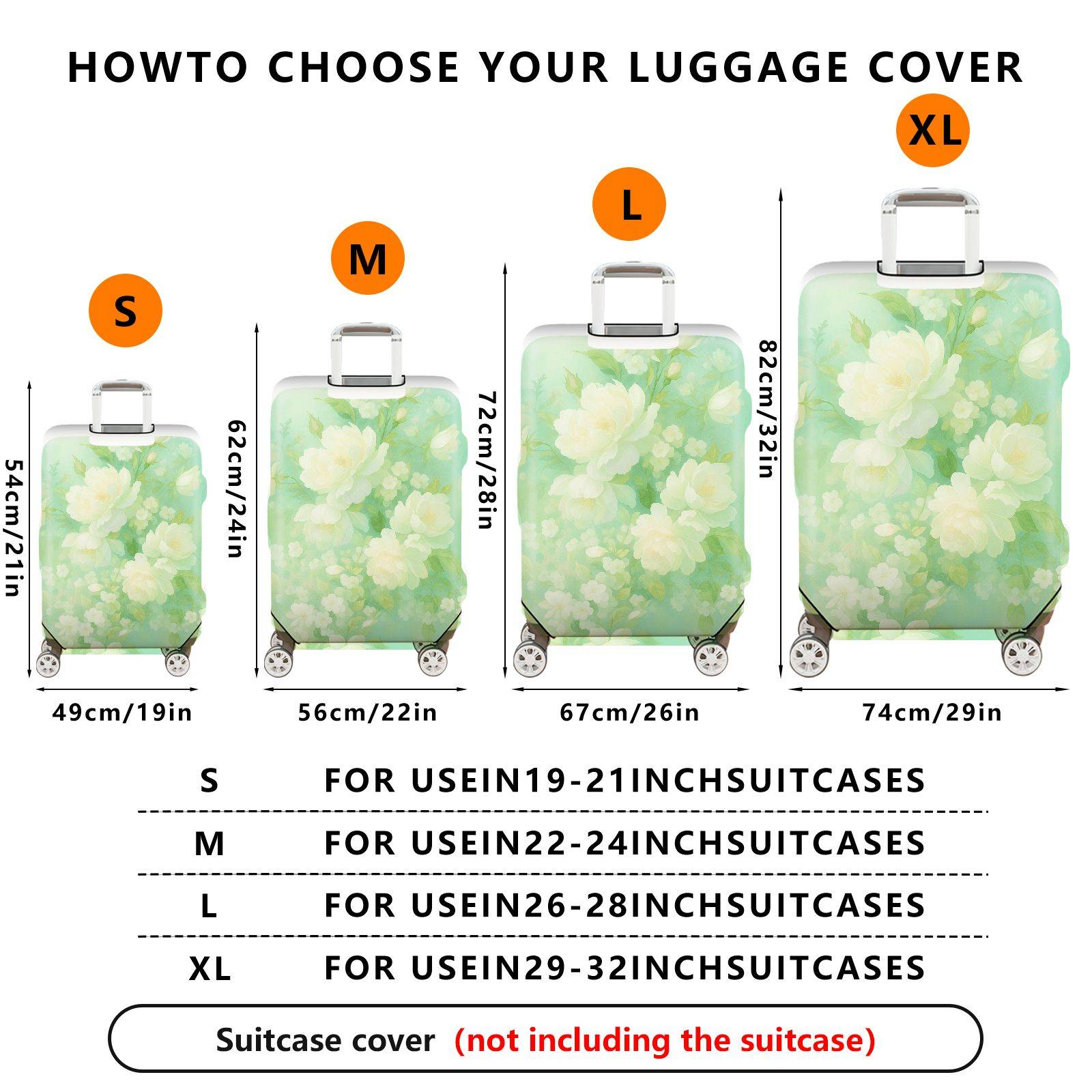 1-Piece Green Floral Pattern White Rose Vintage Style Elegant Travel  Suitcase Luggage Cover, Stretch Protective Sleeve