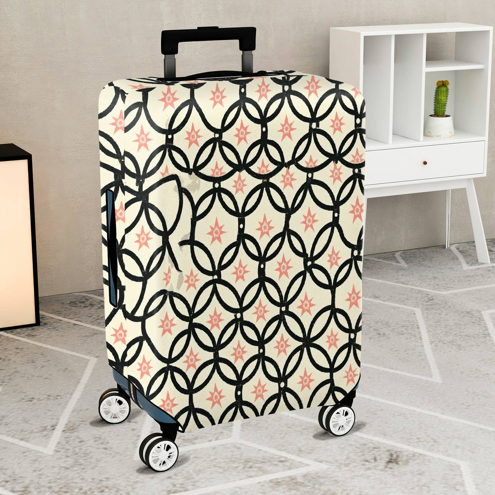 1-Piece Geometric Star Black Pink Cream Pattern  Suitcase Luggage Cover, Stretch Protective Sleeve