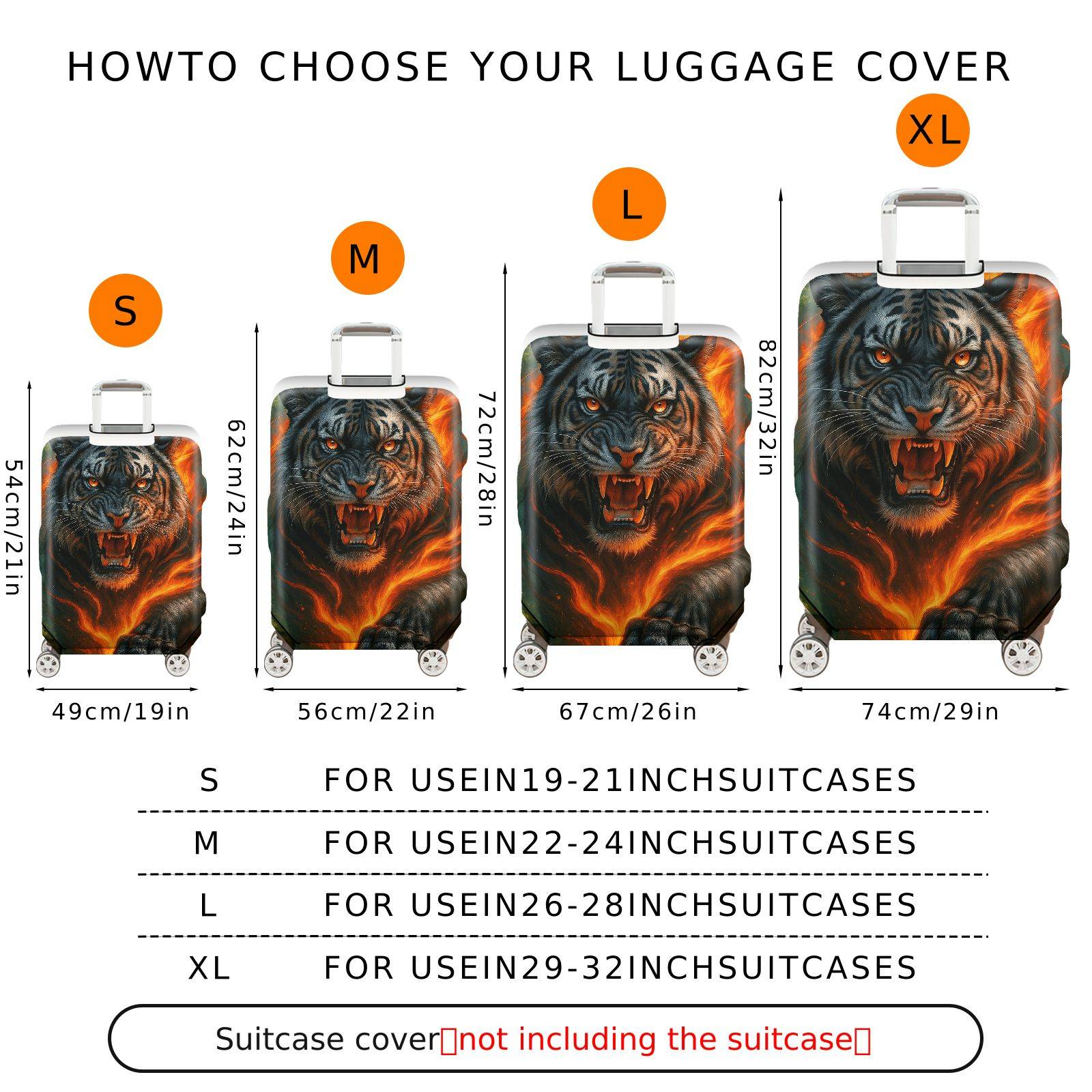 1-Piece Fierce Tiger Flaming Forest Artistic Wildlife  Suitcase Luggage Cover, Stretch Protective Sleeve