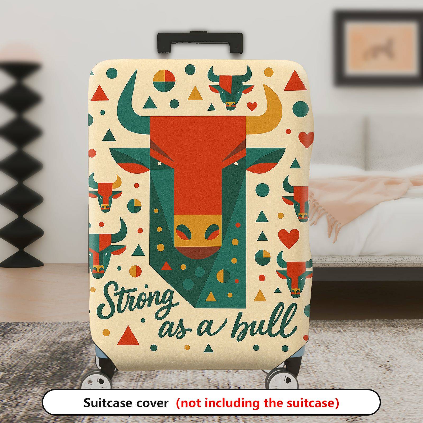 1-Piece Geometric Bull Pattern Red Green Bold Art Animal  Suitcase Luggage Cover, Stretch Protective Sleeve