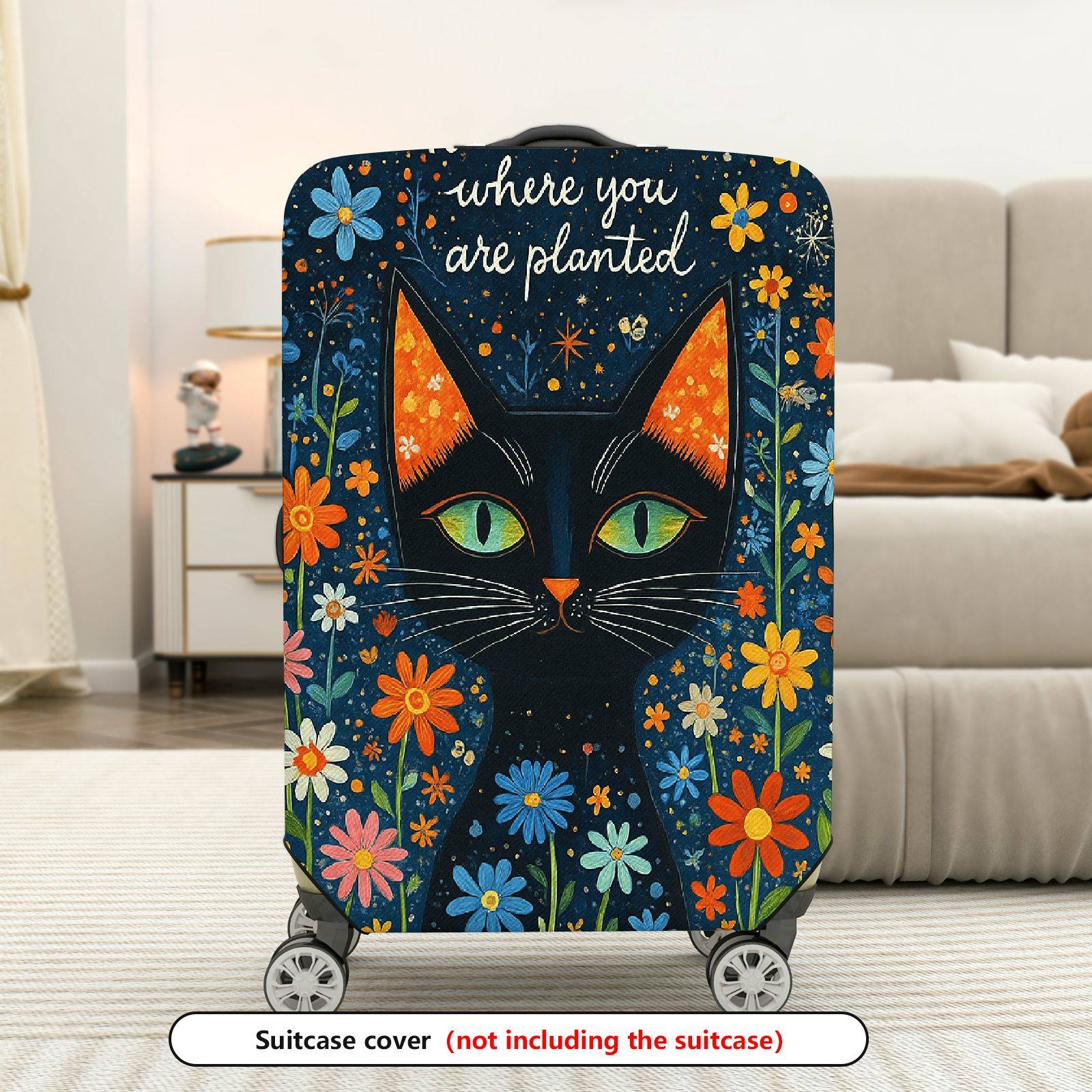 1-Piece Artistic Floral Cat Starry Night Inspirational Text  Suitcase Luggage Cover, Stretch Protective Sleeve
