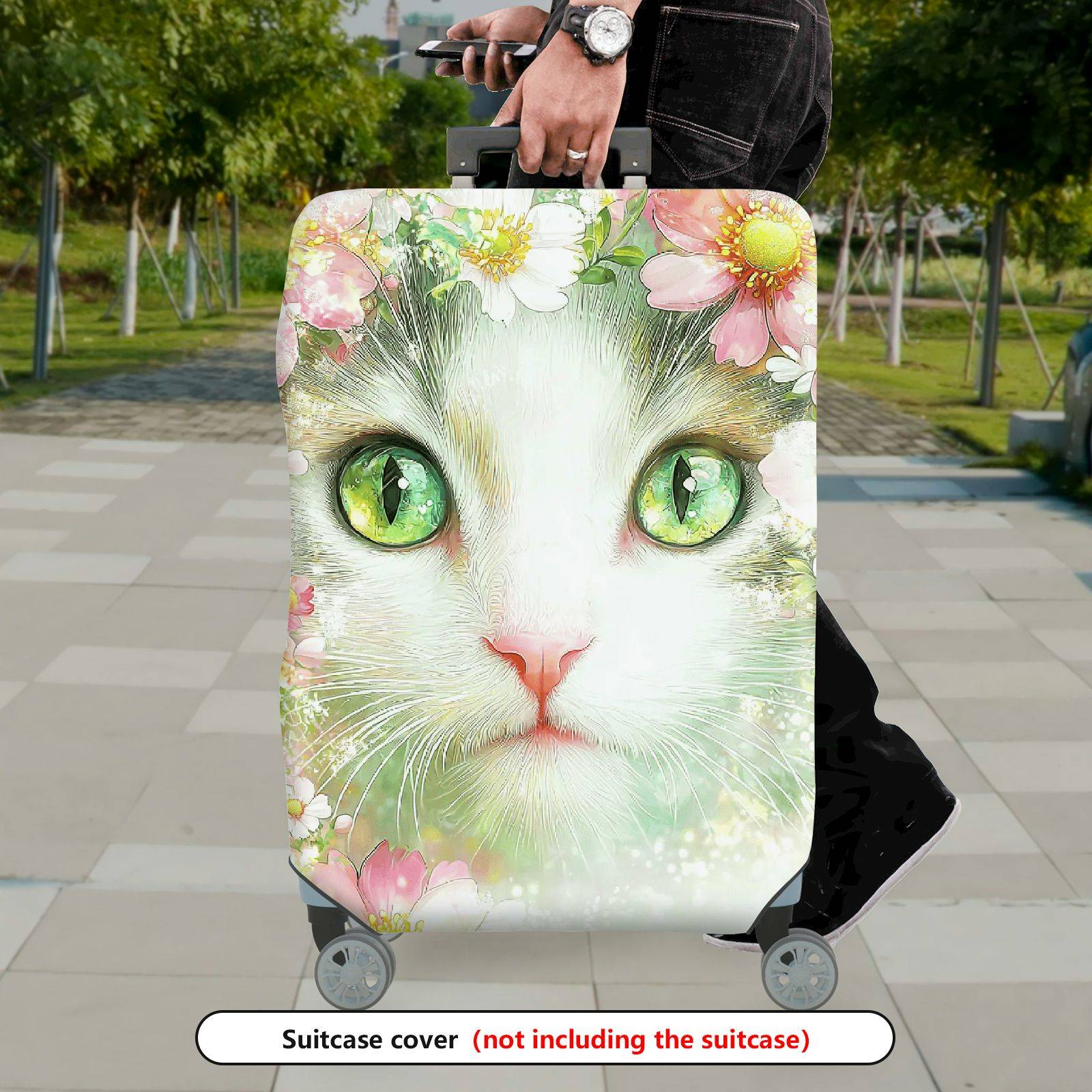 1-Piece Cat Floral Green Pink Artistic Colorful  Suitcase Luggage Cover, Stretch Protective Sleeve