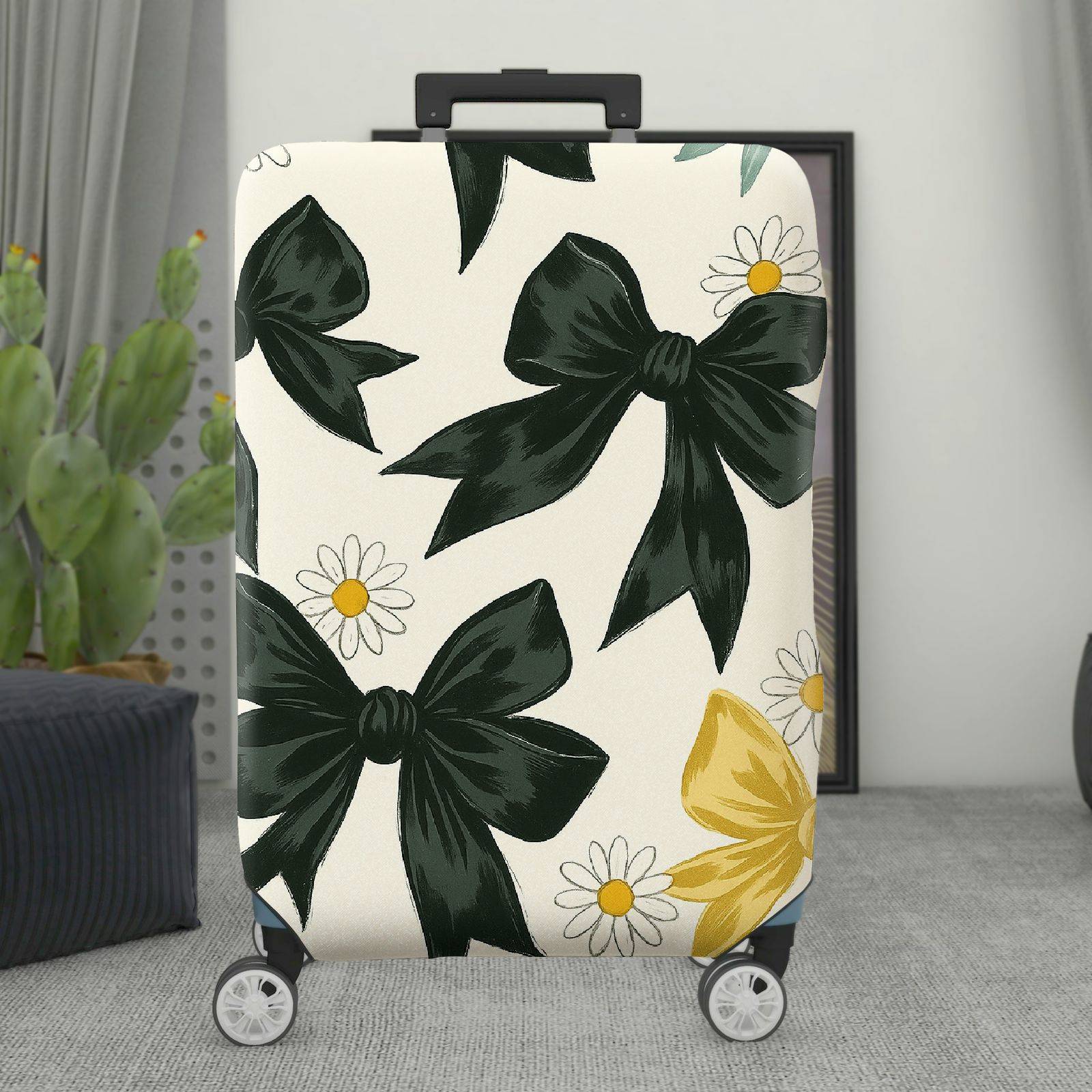 1-Piece Elegant Black Bow Daisy Floral Leaf  Suitcase Luggage Cover, Stretch Protective Sleeve