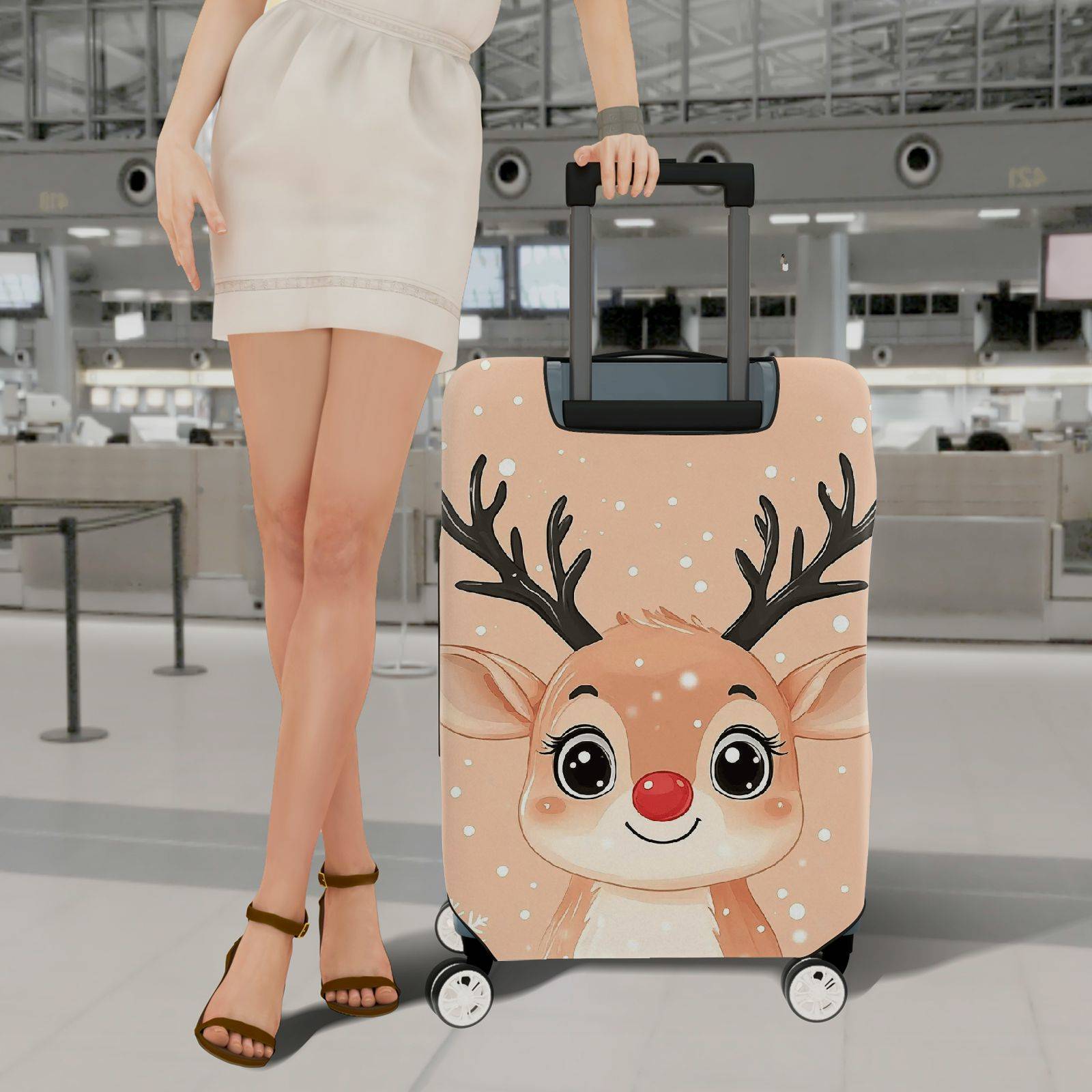 1-Piece Cute Festive Reindeer Snow  Holiday  Suitcase Luggage Cover, Stretch Protective Sleeve