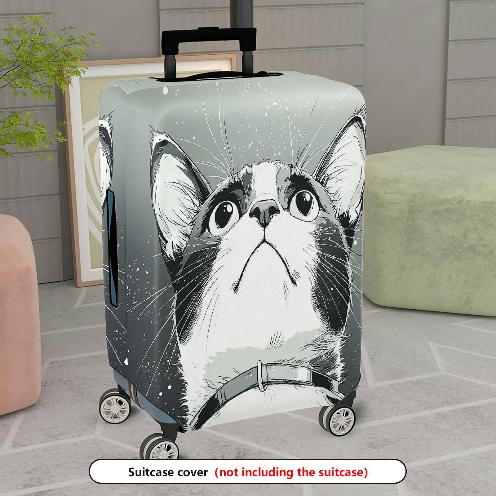 1-Piece Cute Cat Print Artistic Monochrome Stylish Graphic Unique  Suitcase Luggage Cover, Stretch Protective Sleeve