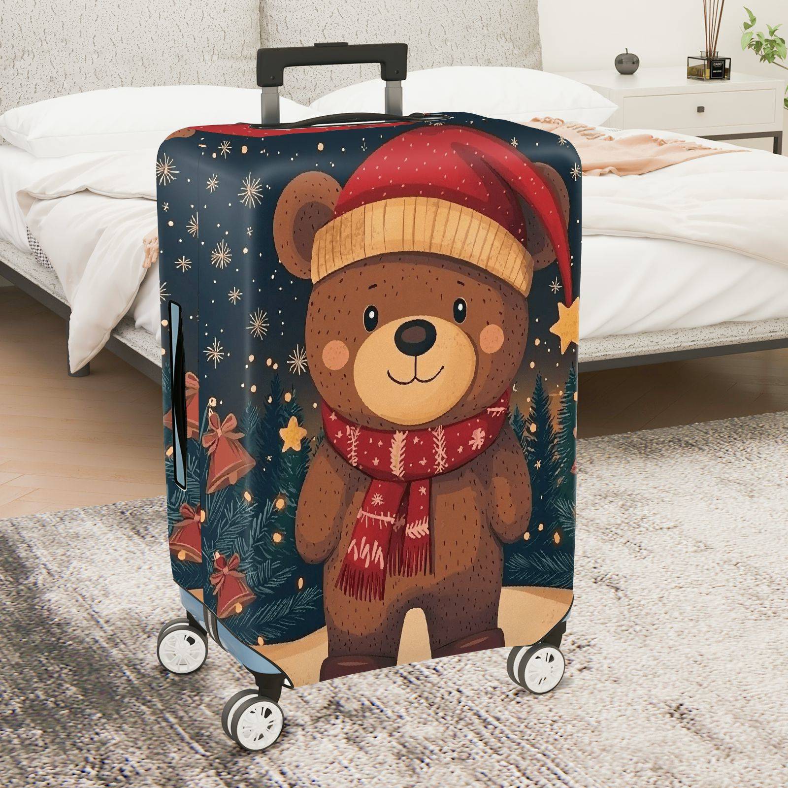 1-Piece Bear Christmas Winter Holiday Festive Cute  Suitcase Luggage Cover, Stretch Protective Sleeve