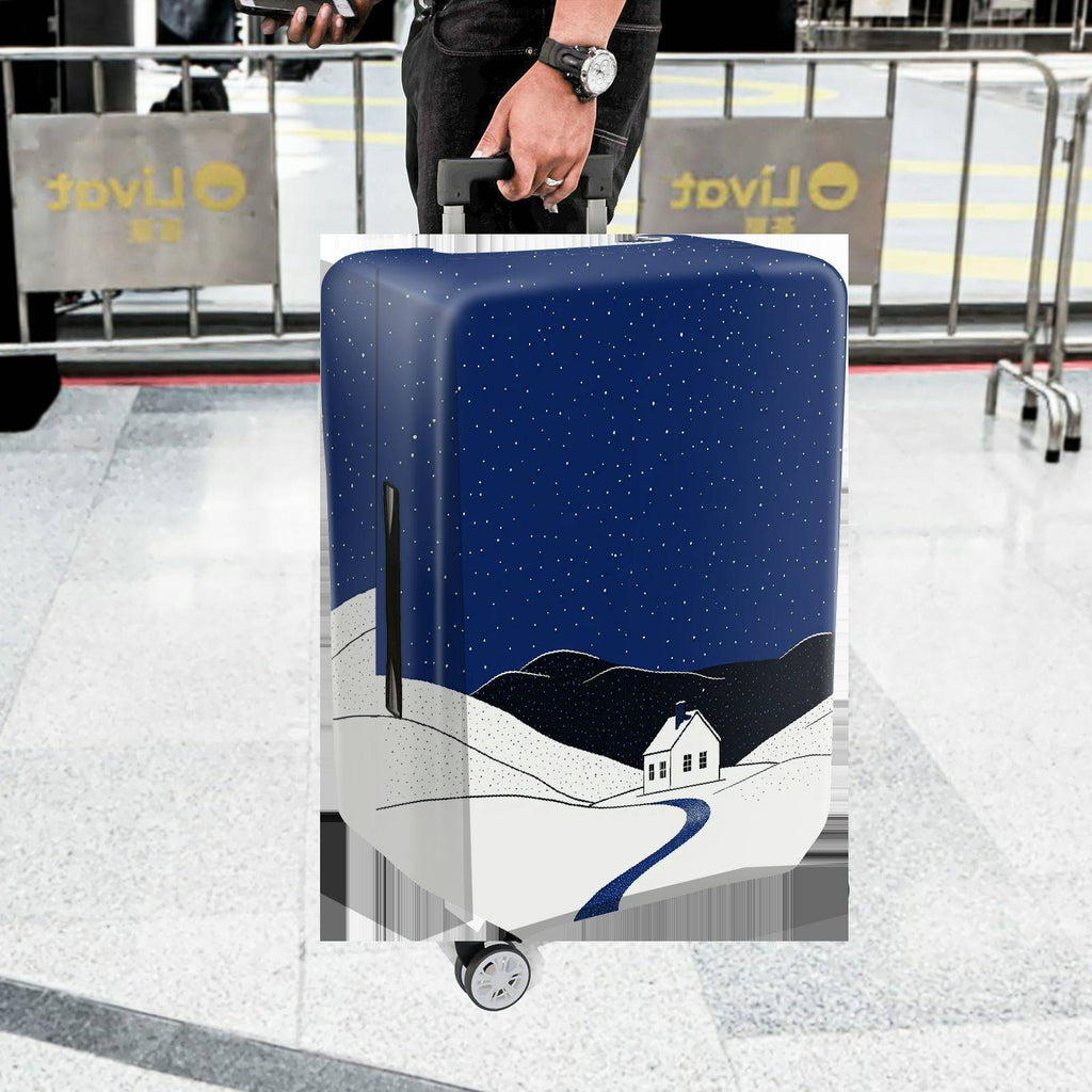 1-Piece Snowy Night Winter Holiday House Scenic Blue  Suitcase Luggage Cover, Stretch Protective Sleeve