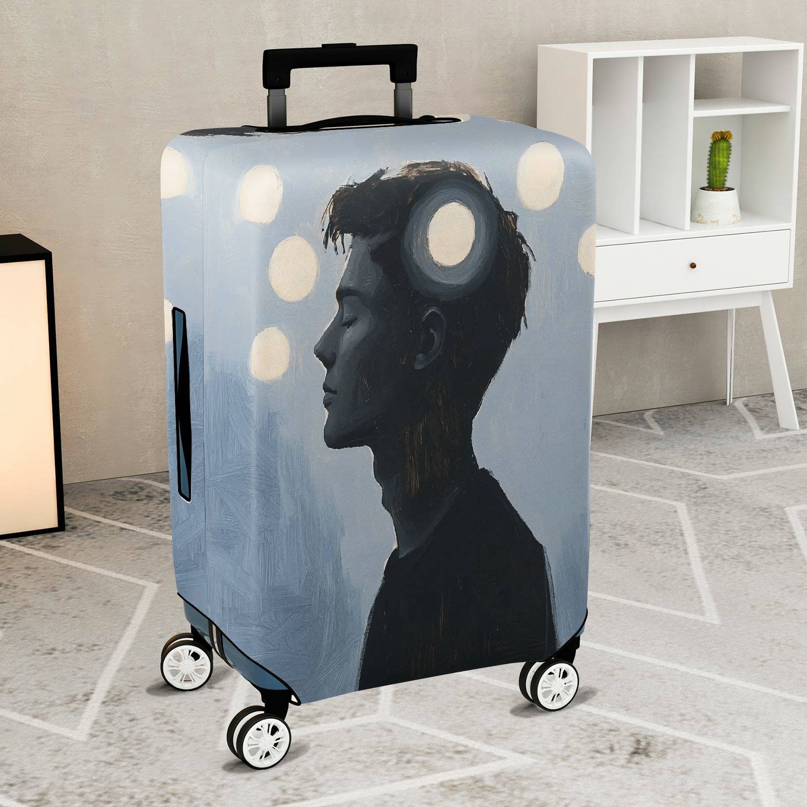 1-Piece Abstract Silhouette Light Circles Blue Modern Artistic  Suitcase Luggage Cover, Stretch Protective Sleeve