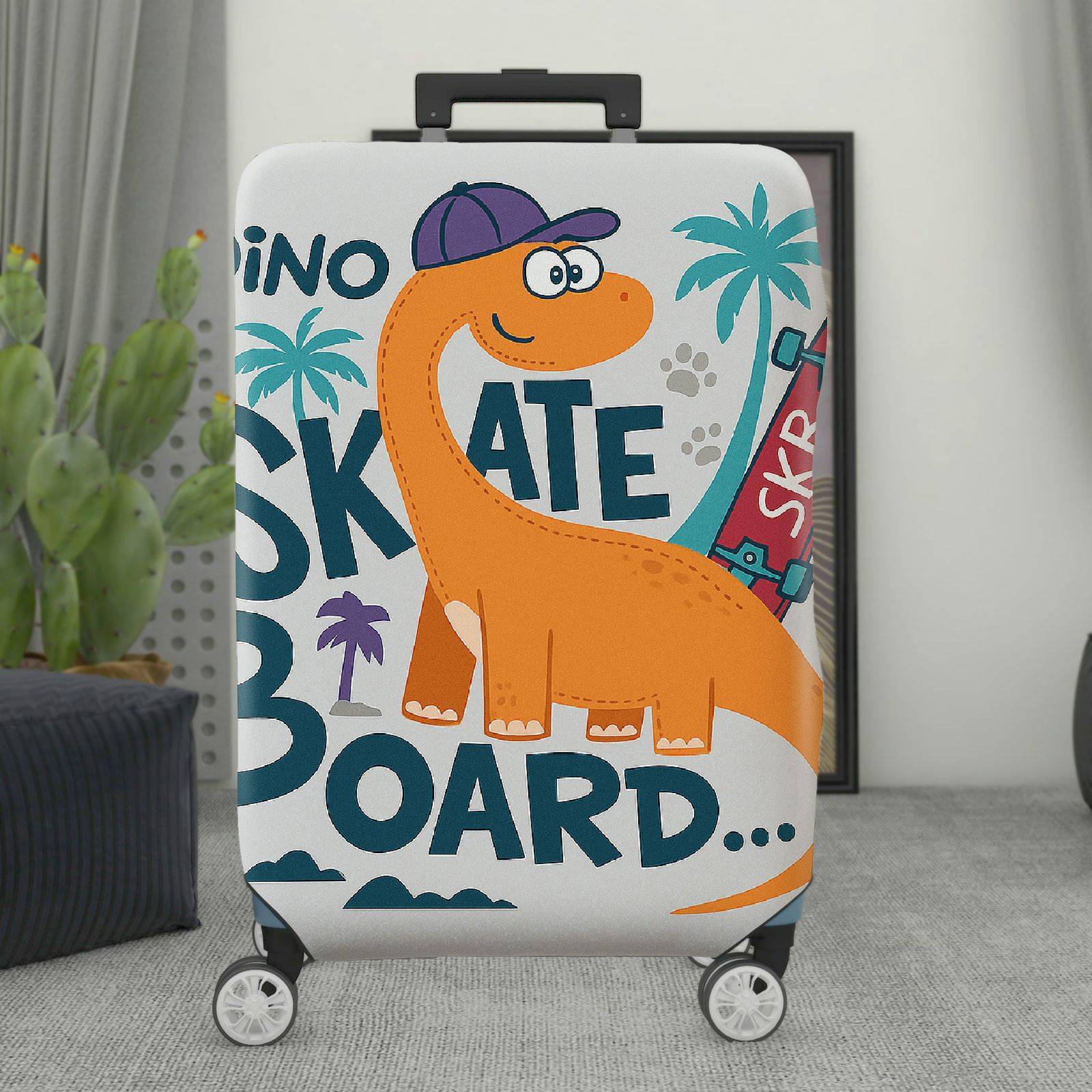 1-Piece Dino  Skateboard Palm Tree Fun  Suitcase Luggage Cover, Stretch Protective Sleeve