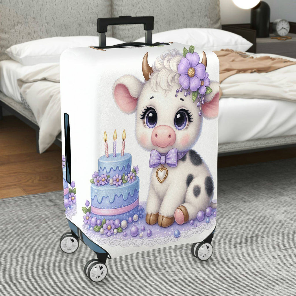 1-Piece Adorable  Cow Birthday Cake Purple Flower Decorative  Suitcase Luggage Cover, Stretch Protective Sleeve