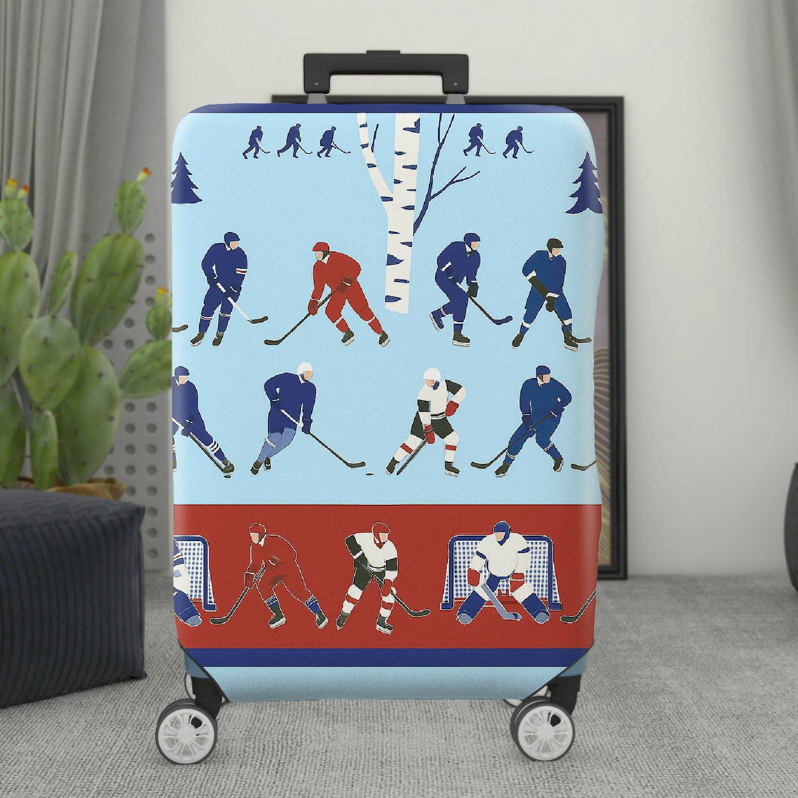 1-Piece Blue Hockey Player Forest Sports Winter  Suitcase Luggage Cover, Stretch Protective Sleeve