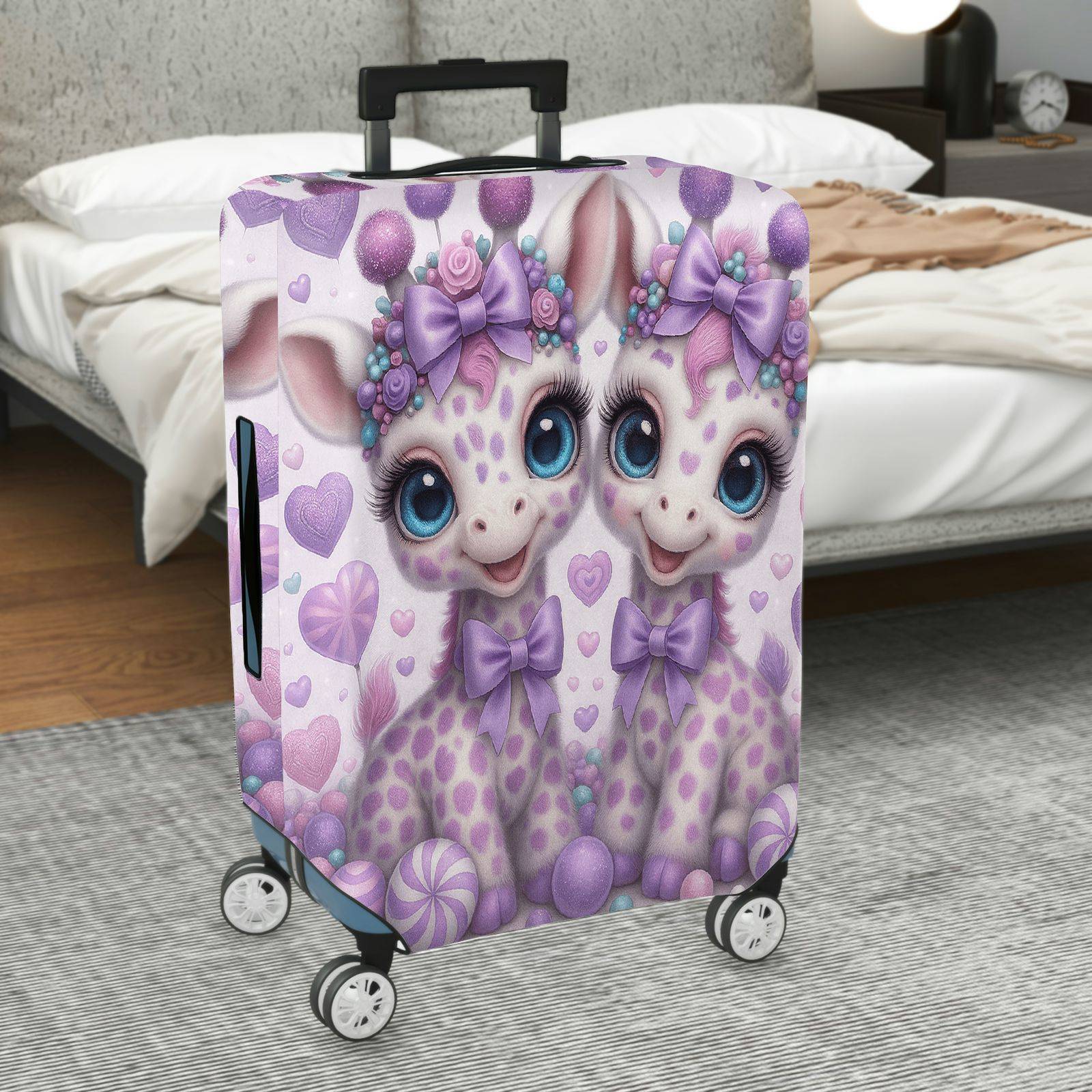 1-Piece Cute Giraffe Purple Bow Heart Candy Fantasy Animal  Suitcase Luggage Cover, Stretch Protective Sleeve