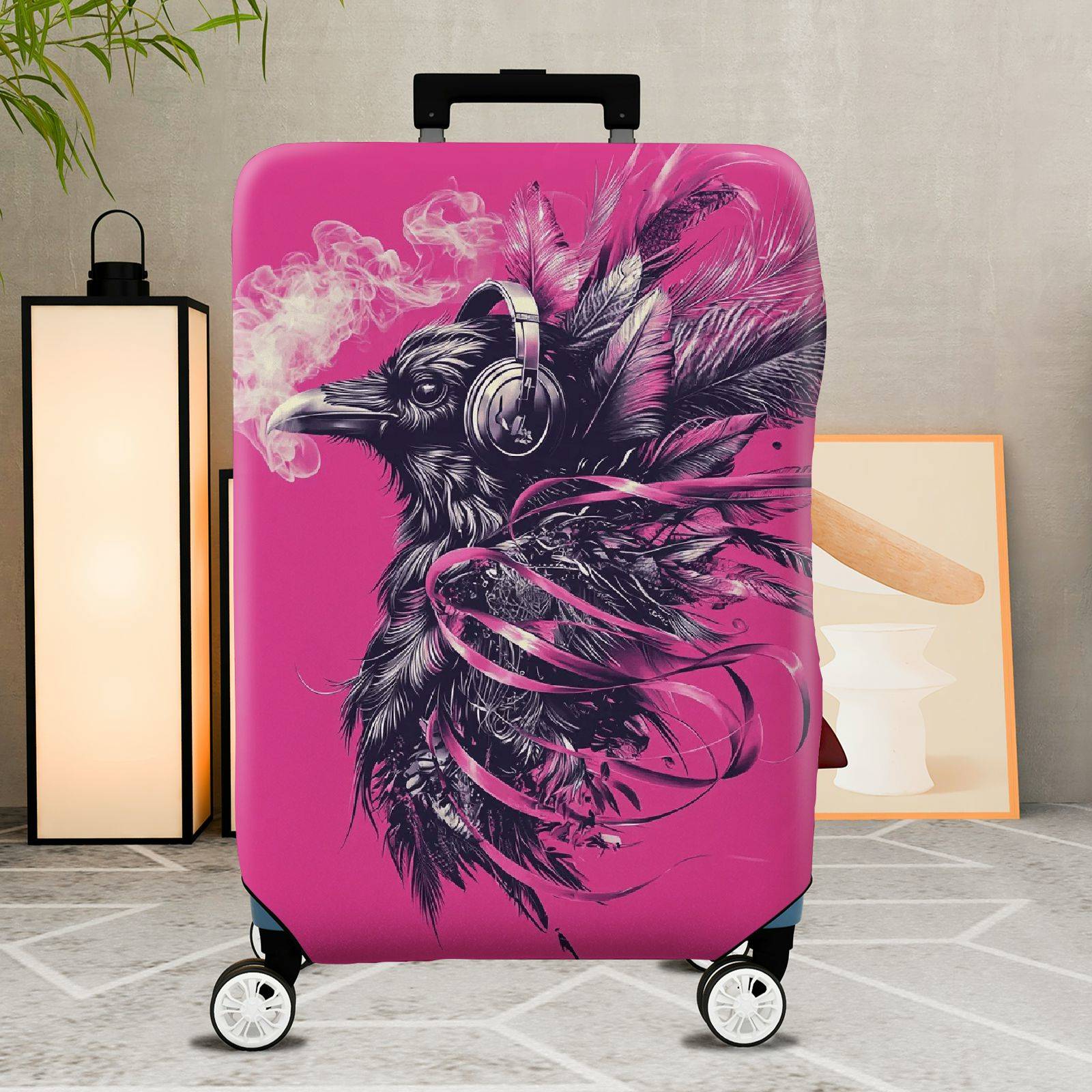 1-Piece Artistic Pink Raven Feather Smoke Headphones  Suitcase Luggage Cover, Stretch Protective Sleeve