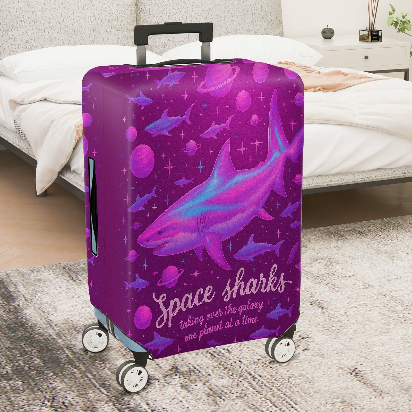 1-Piece Space Shark Galaxy Planet Purple Cosmic  Suitcase Luggage Cover, Stretch Protective Sleeve