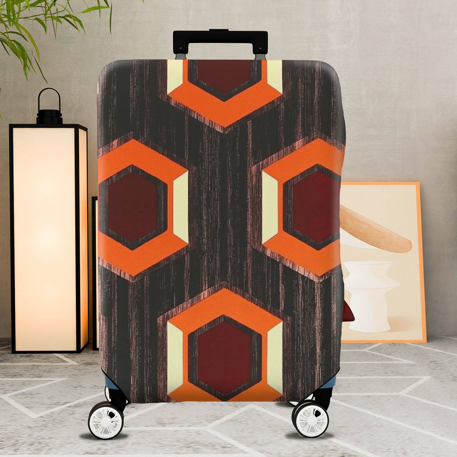 1-Piece Geometric Pattern Orange Brown Hexagon Retro Vintage  Suitcase Luggage Cover, Stretch Protective Sleeve