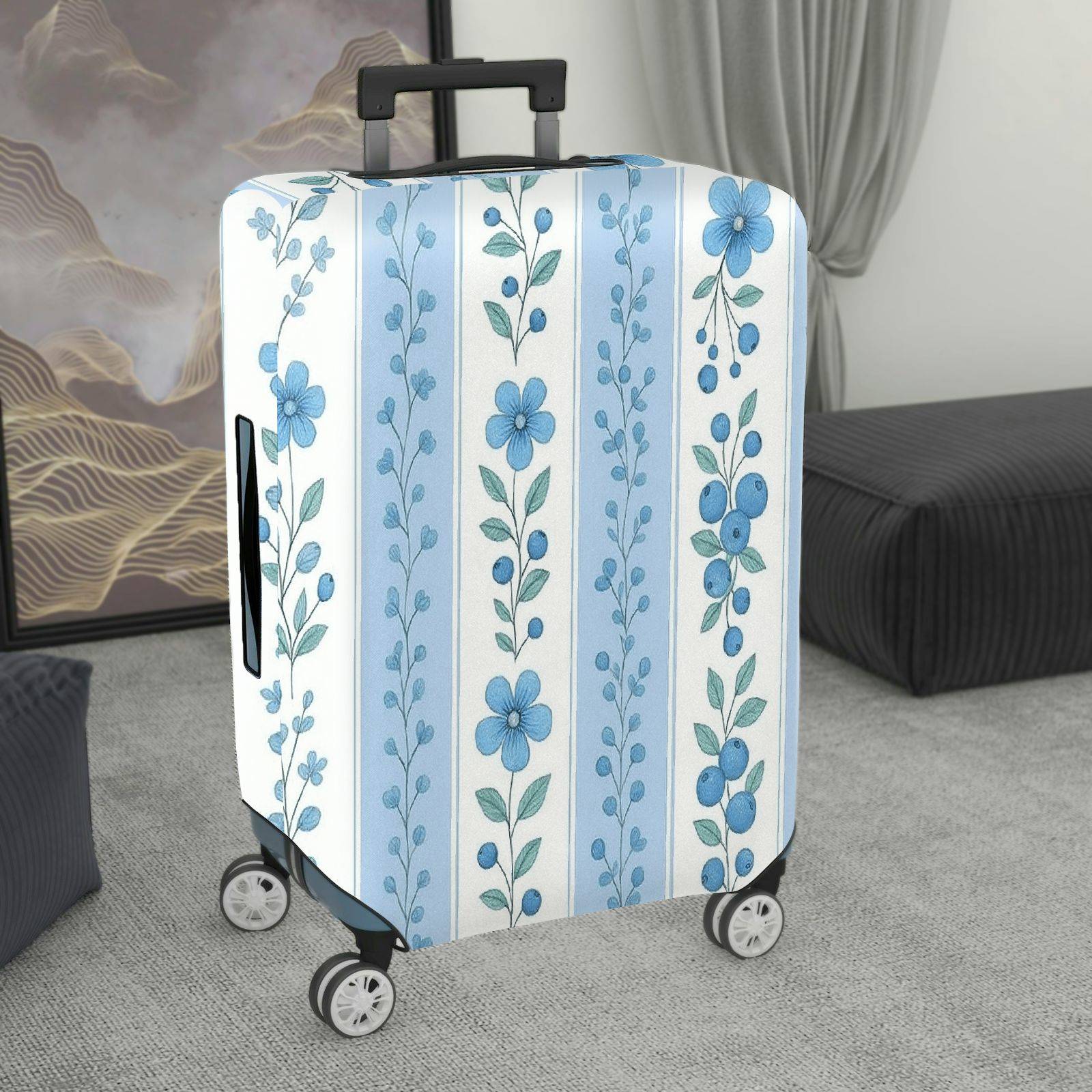 1-Piece Blue Floral Pattern Vertical Line Berry Leaf  Suitcase Luggage Cover, Stretch Protective Sleeve