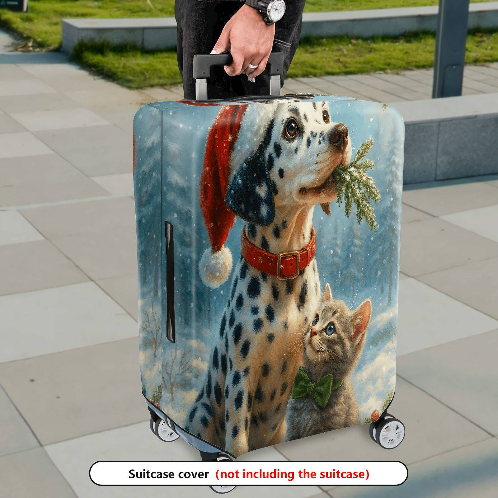 1-Piece Dalmatian Winter Cat Christmas Holiday Animal  Suitcase Luggage Cover, Stretch Protective Sleeve