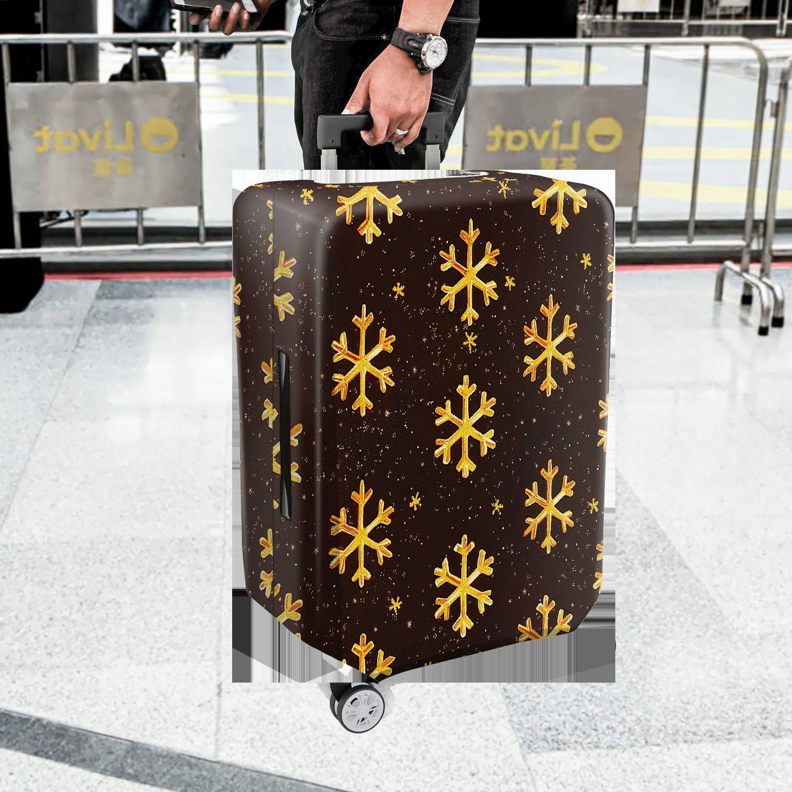 1-Piece Gold Snowflake Pattern Dark Brown Glitter Festive Holiday  Suitcase Luggage Cover, Stretch Protective Sleeve