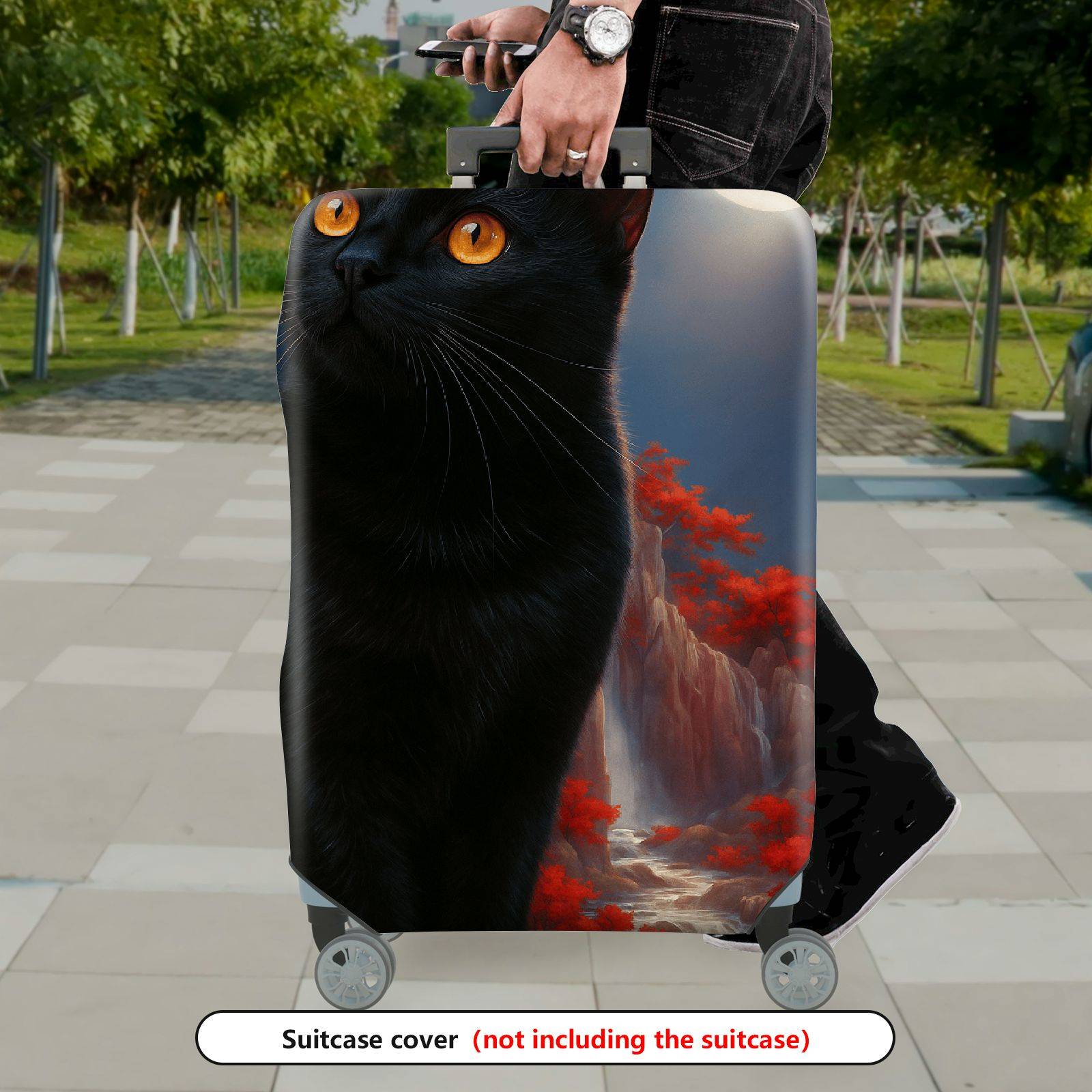 1-Piece Black Cat Moon Landscape Red Tree Artistic  Suitcase Luggage Cover, Stretch Protective Sleeve