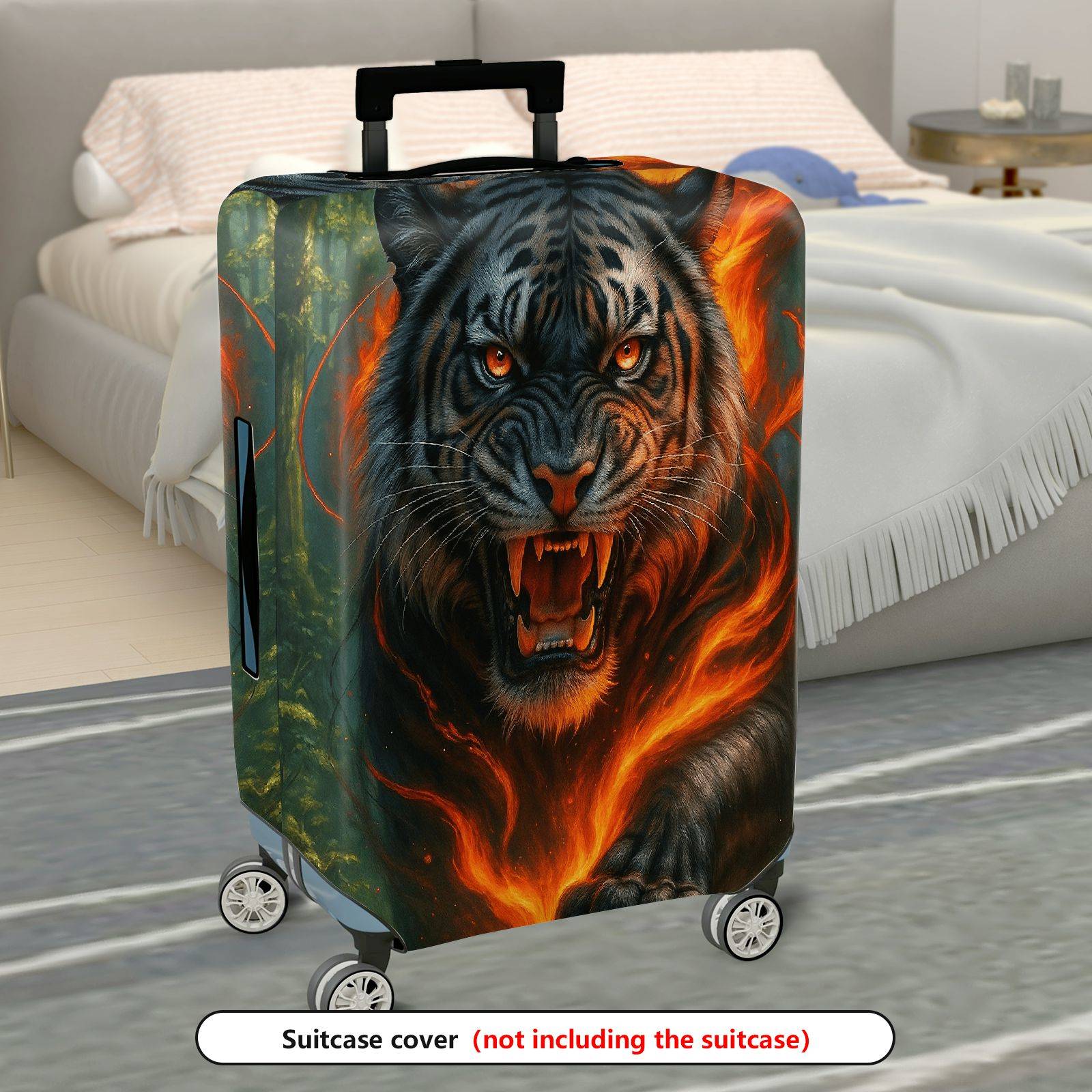 1-Piece Fierce Tiger Flaming Forest Artistic Wildlife  Suitcase Luggage Cover, Stretch Protective Sleeve