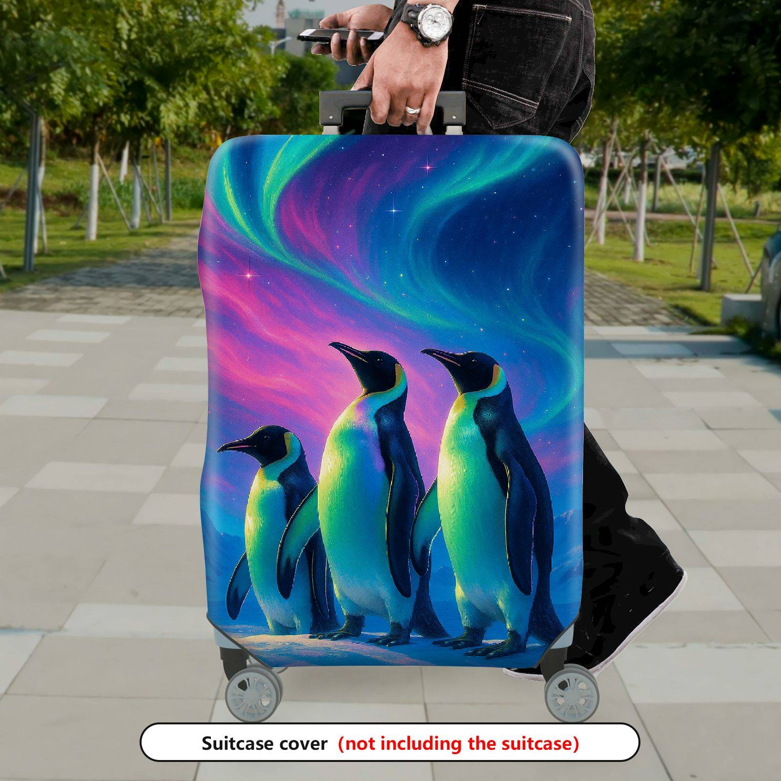 1-Piece Penguin Aurora Winter Night Sky Landscape Arctic  Suitcase Luggage Cover, Stretch Protective Sleeve