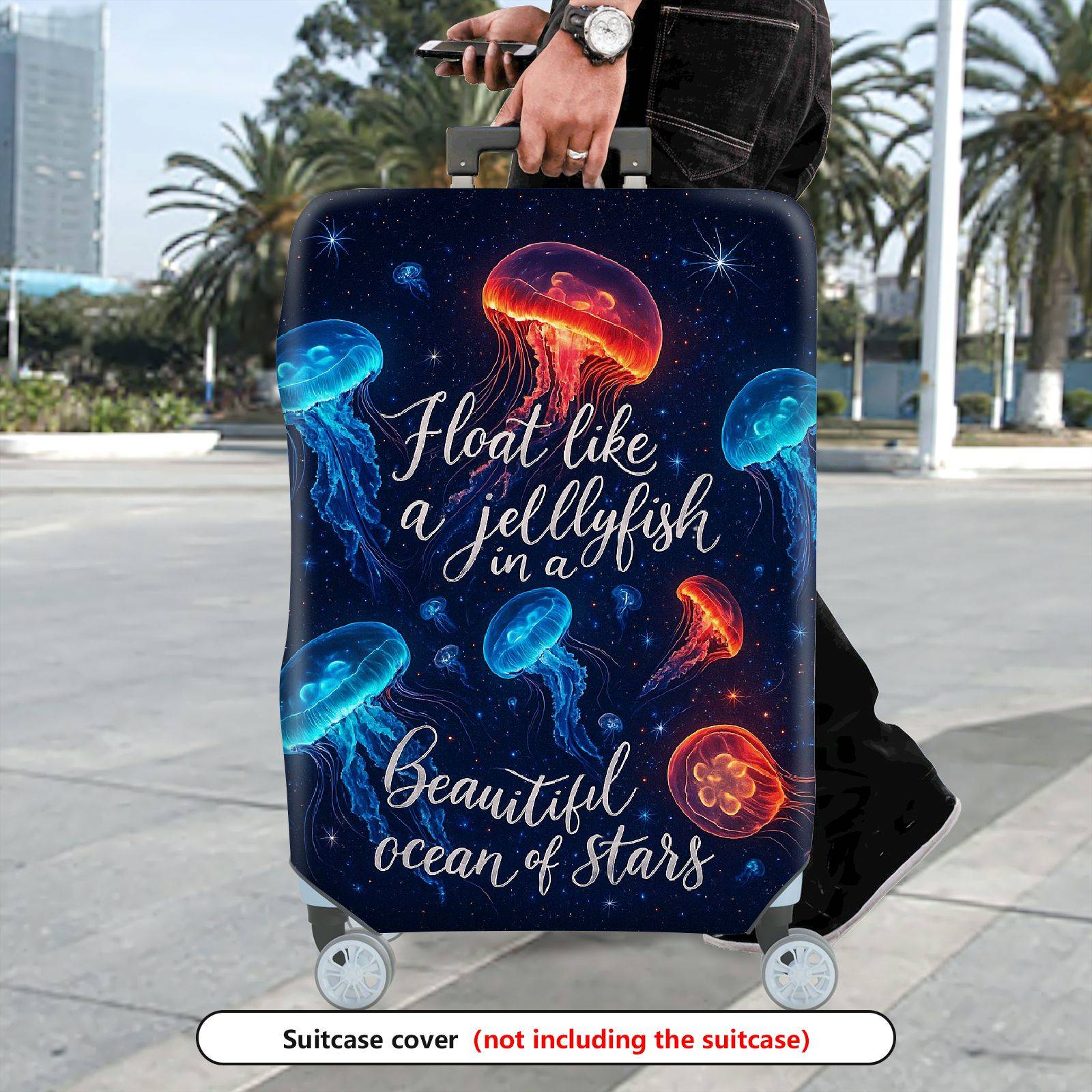 1-Piece Jellyfish Ocean Stars Colorful Cosmic Quote  Suitcase Luggage Cover, Stretch Protective Sleeve